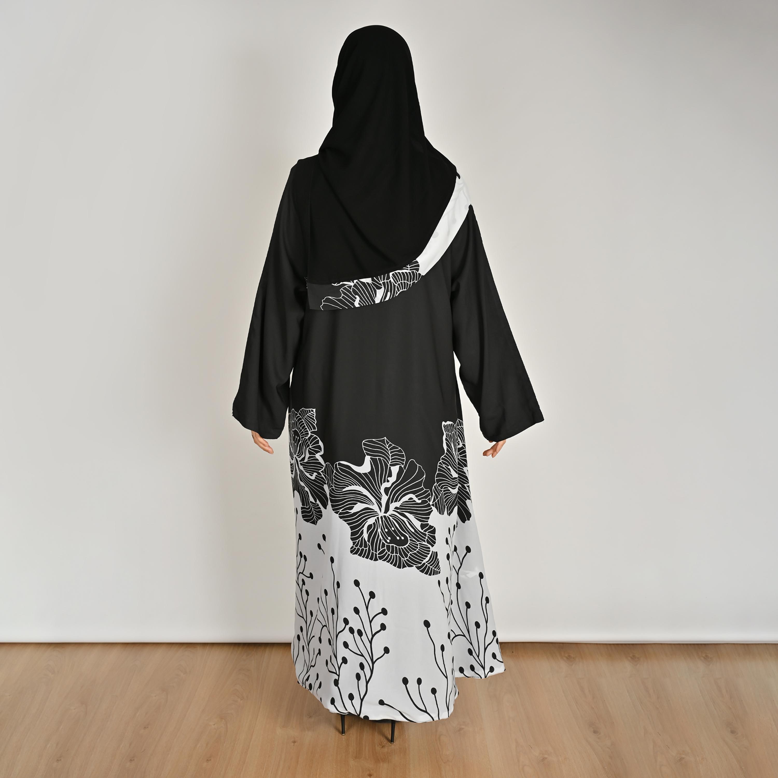 عباية كتان حريمي بطبعة زهور على الحافة متعددة الألوان مع حجاب من حوراء-women-arabicclothing-abayas-image-5