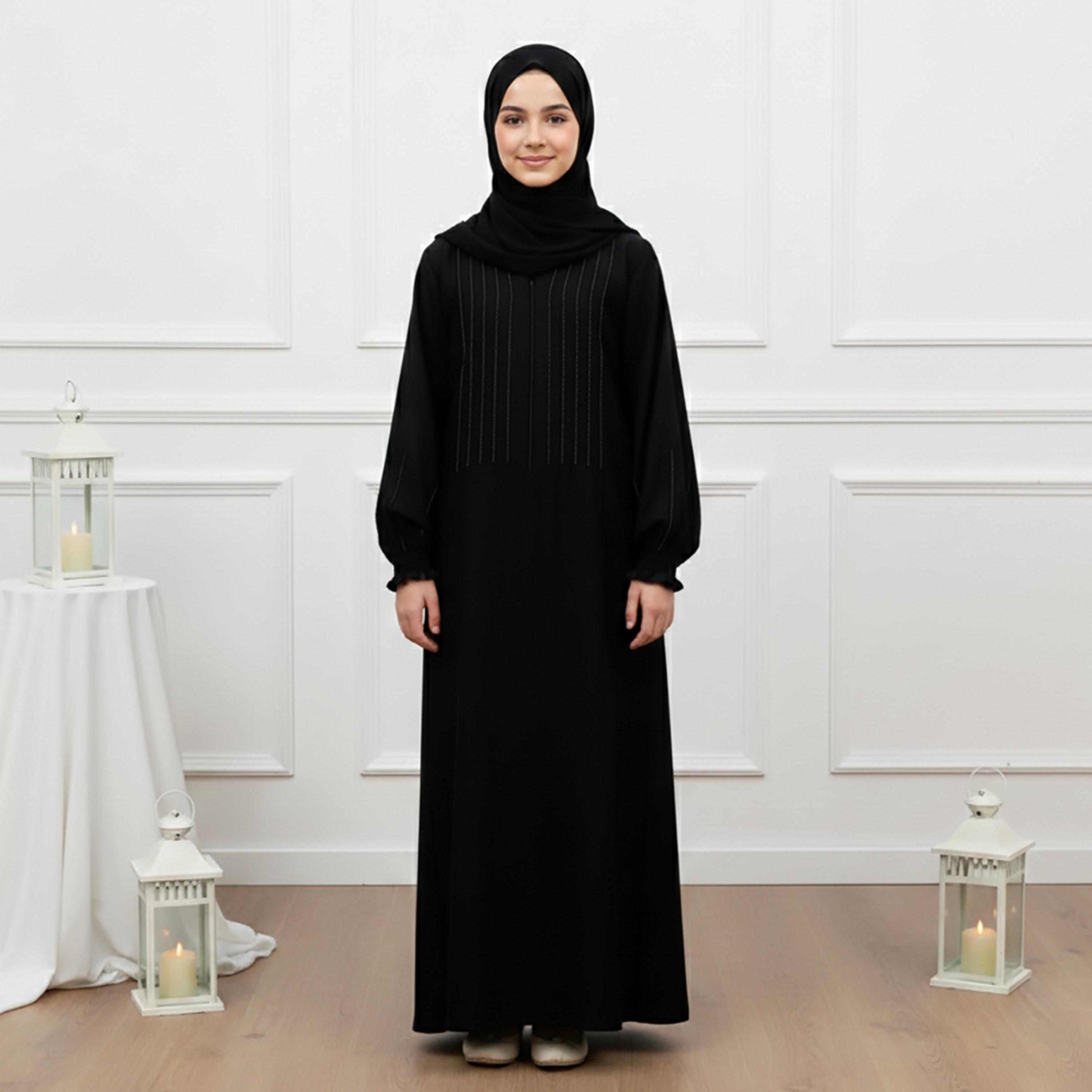 Nukhbaa Black Pintuck Balloon Sleeves Nida Women's Abaya with Hijab-girls-arabicclothing-abayas-image-1