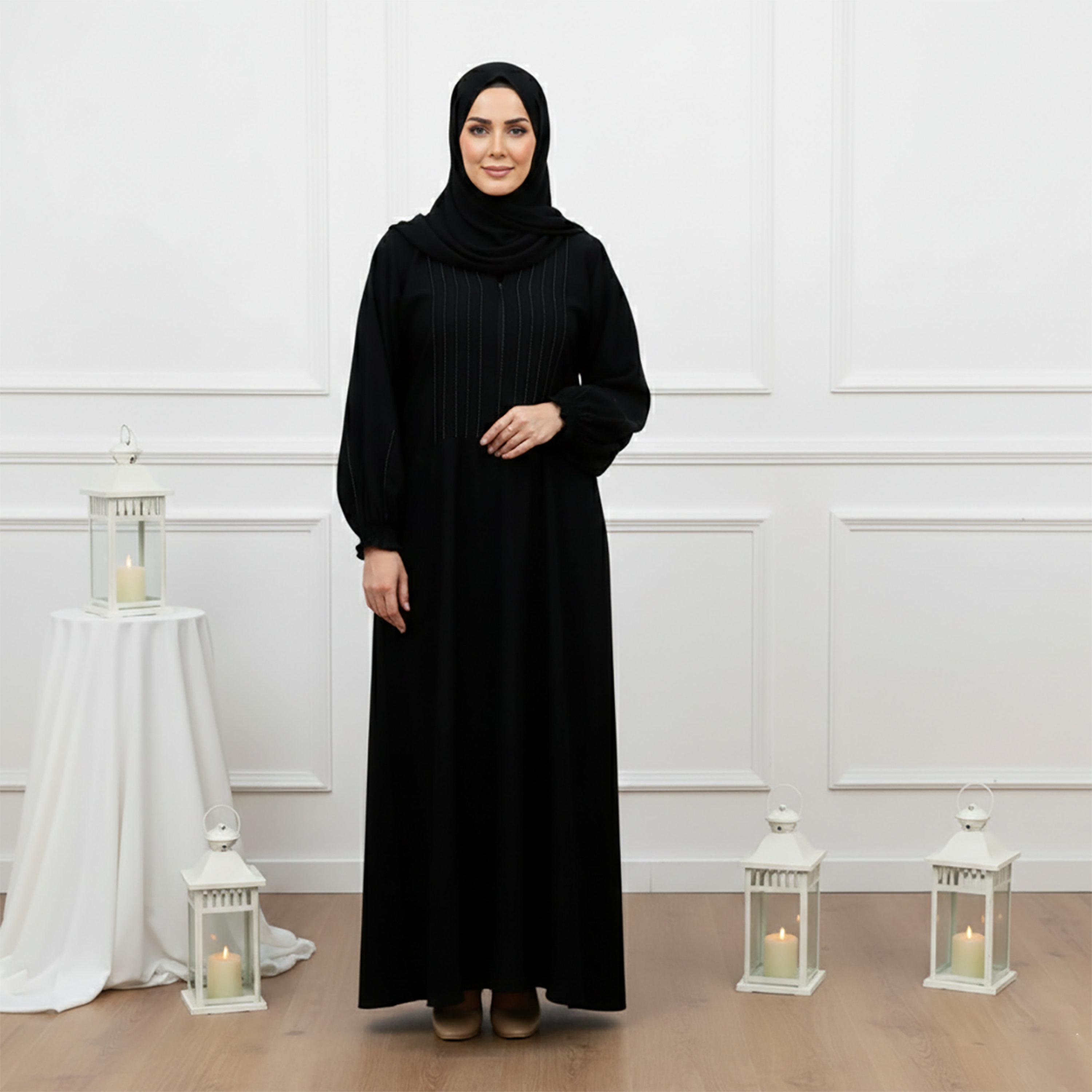 Nukhbaa Black Pintuck Balloon Sleeves Nida Women's Abaya with Hijab-women-arabicclothing-abayas-image-1