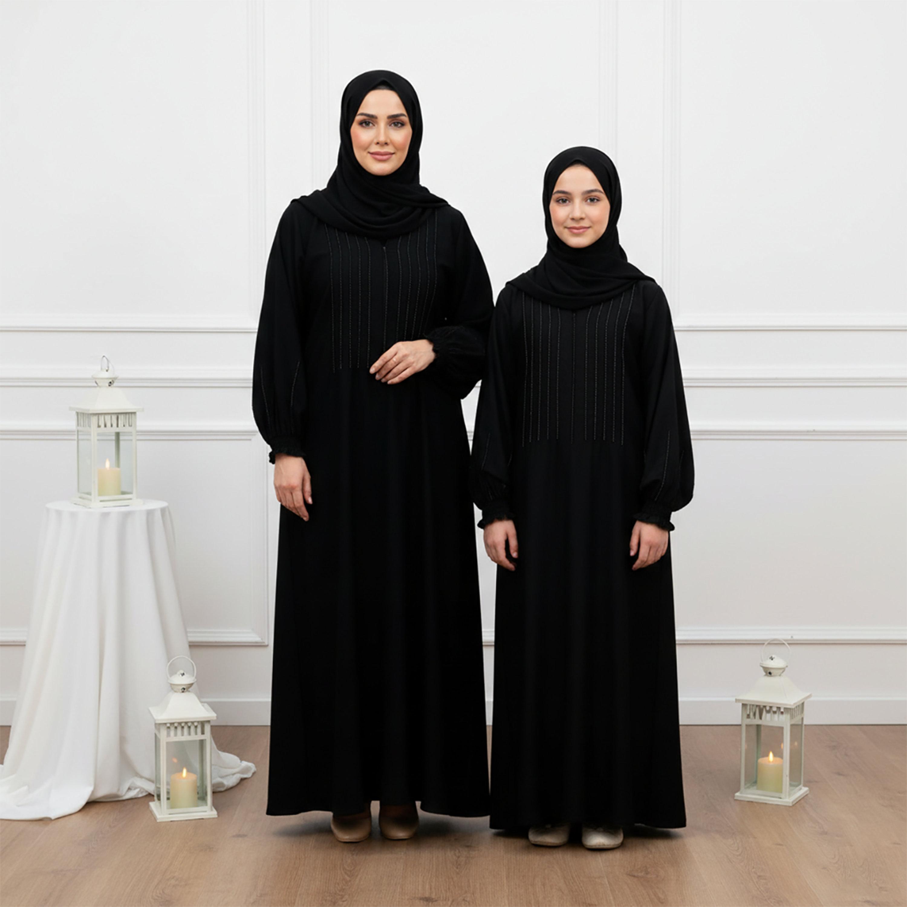 Nukhbaa Black Pintuck Balloon Sleeves Nida Women's Abaya with Hijab-women-arabicclothing-abayas-image-2