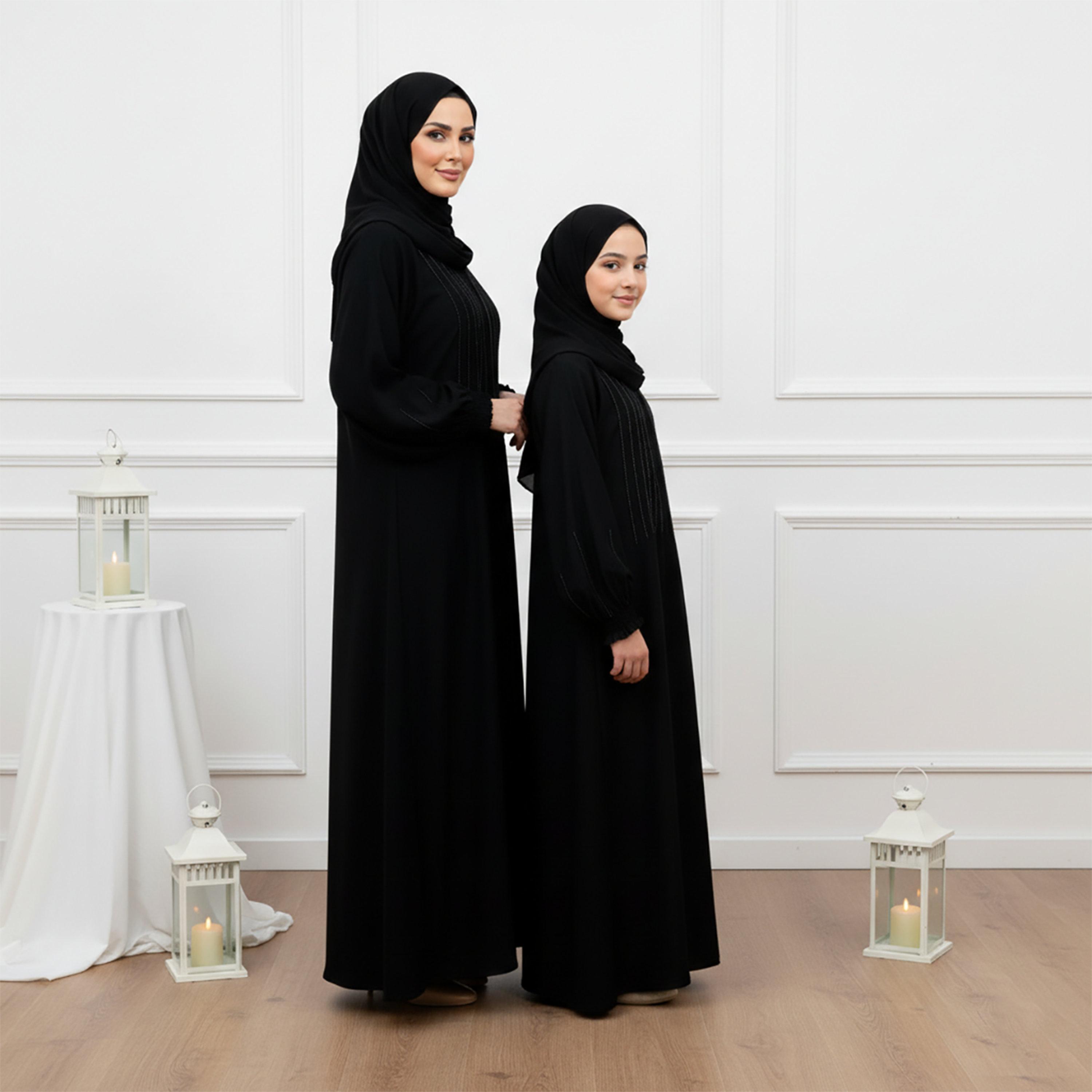 Nukhbaa Black Pintuck Balloon Sleeves Nida Women's Abaya with Hijab-women-arabicclothing-abayas-image-3