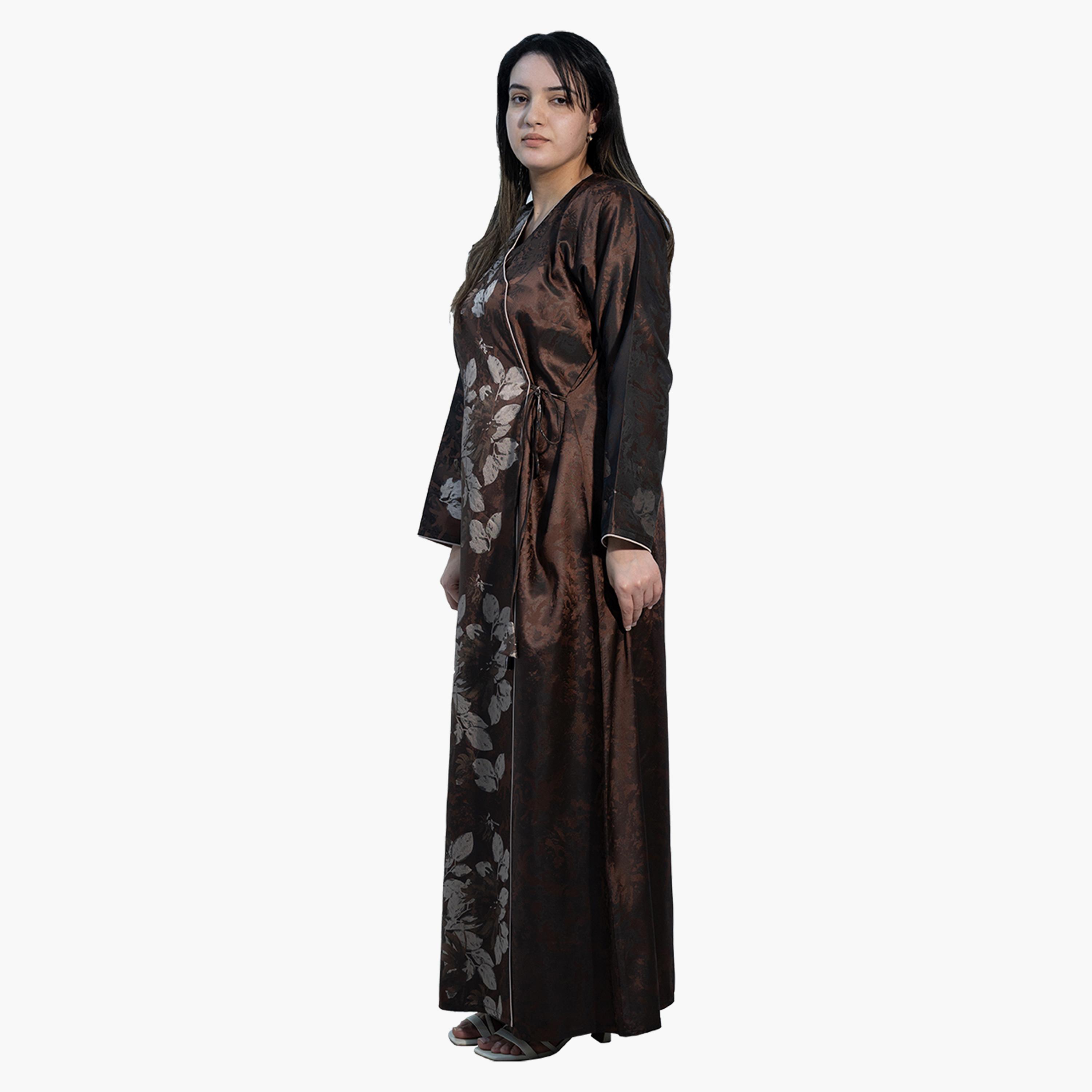 نخبه عباية نسائية جاكار بنقشة الزهور باللون البني-women-arabicclothing-abayas-image-1
