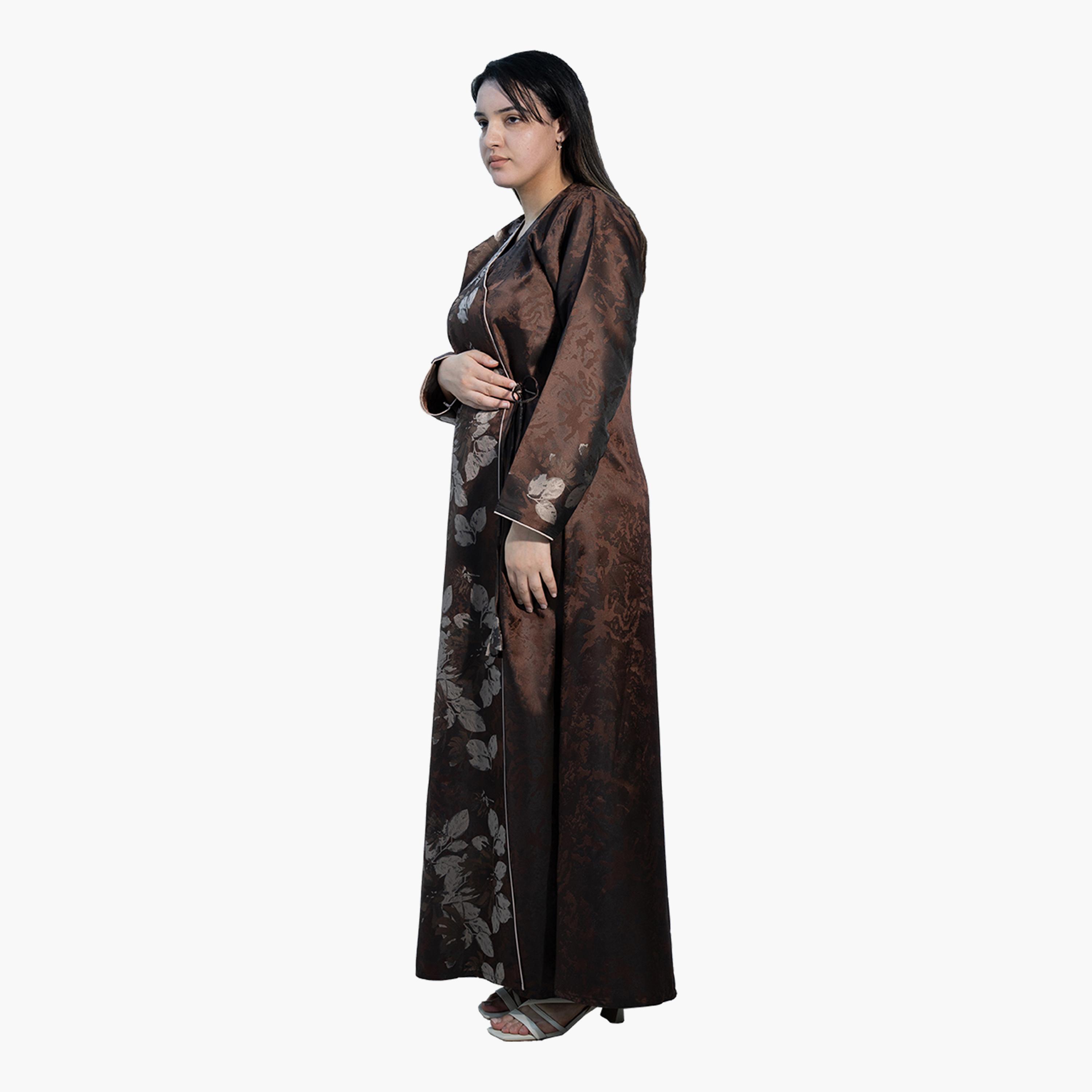 نخبه عباية نسائية جاكار بنقشة الزهور باللون البني-women-arabicclothing-abayas-image-2
