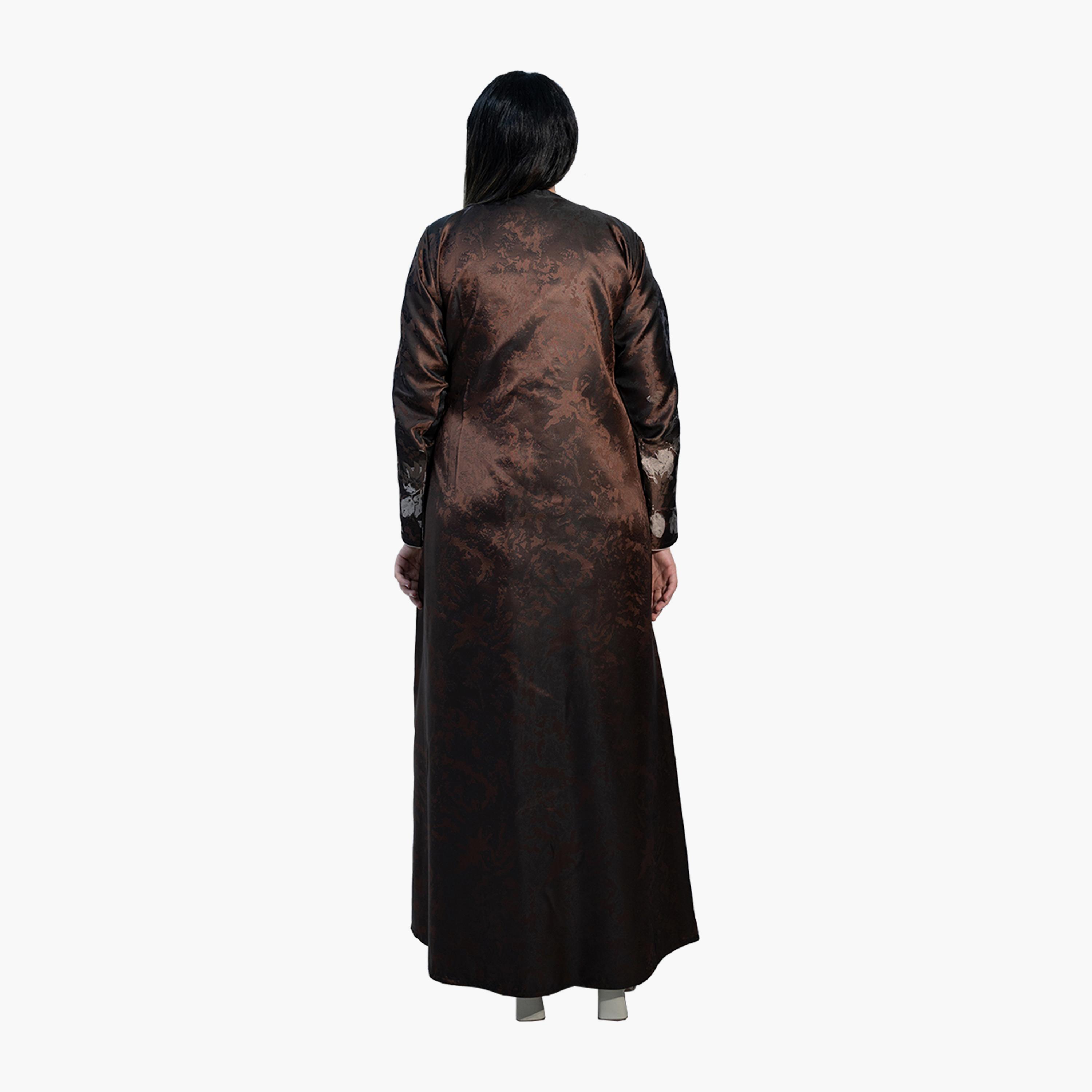نخبه عباية نسائية جاكار بنقشة الزهور باللون البني-women-arabicclothing-abayas-image-3