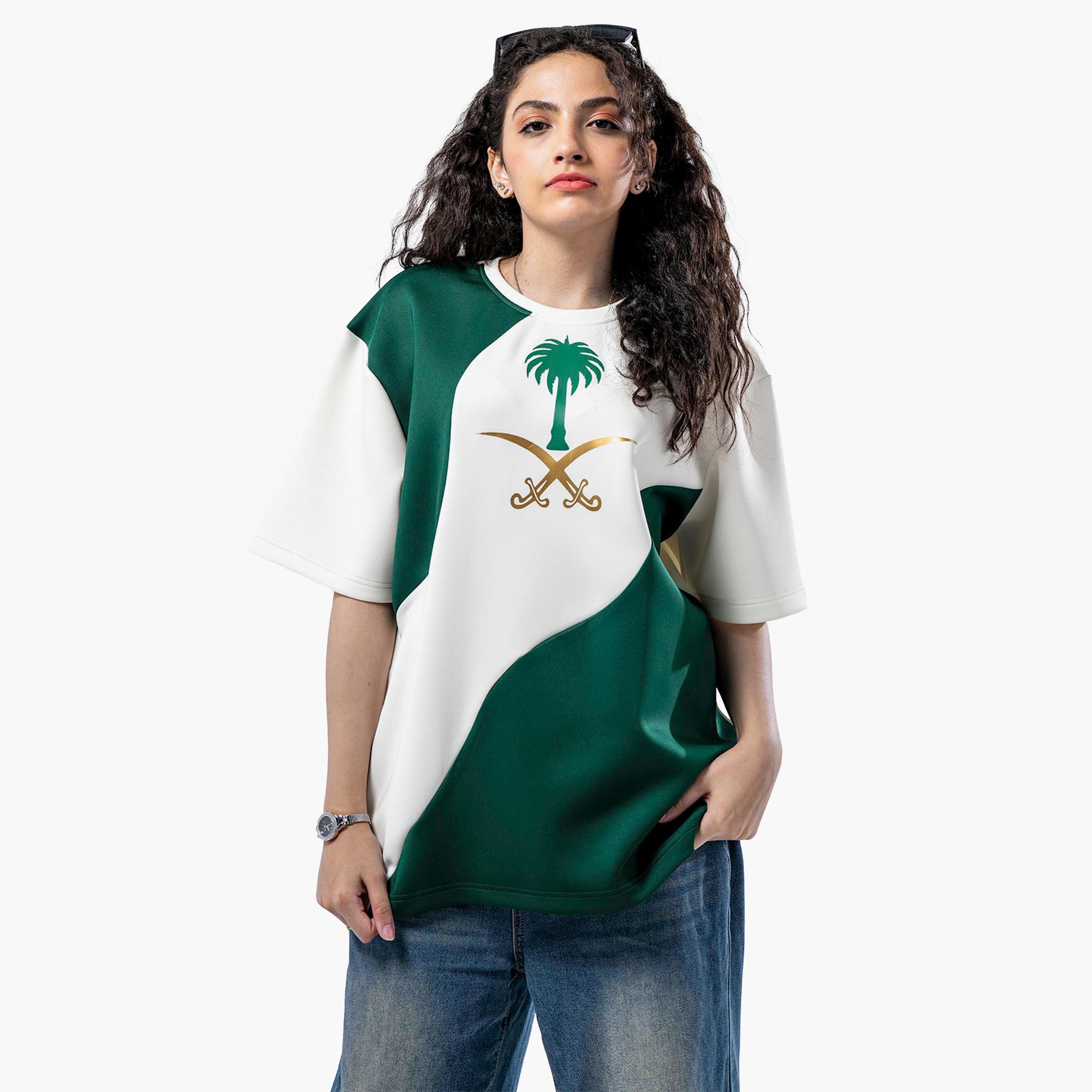 sanefn White and Green KSA National Day Color-Blocked Women's T-Shirt-women-clothing-tshirts-image-1
