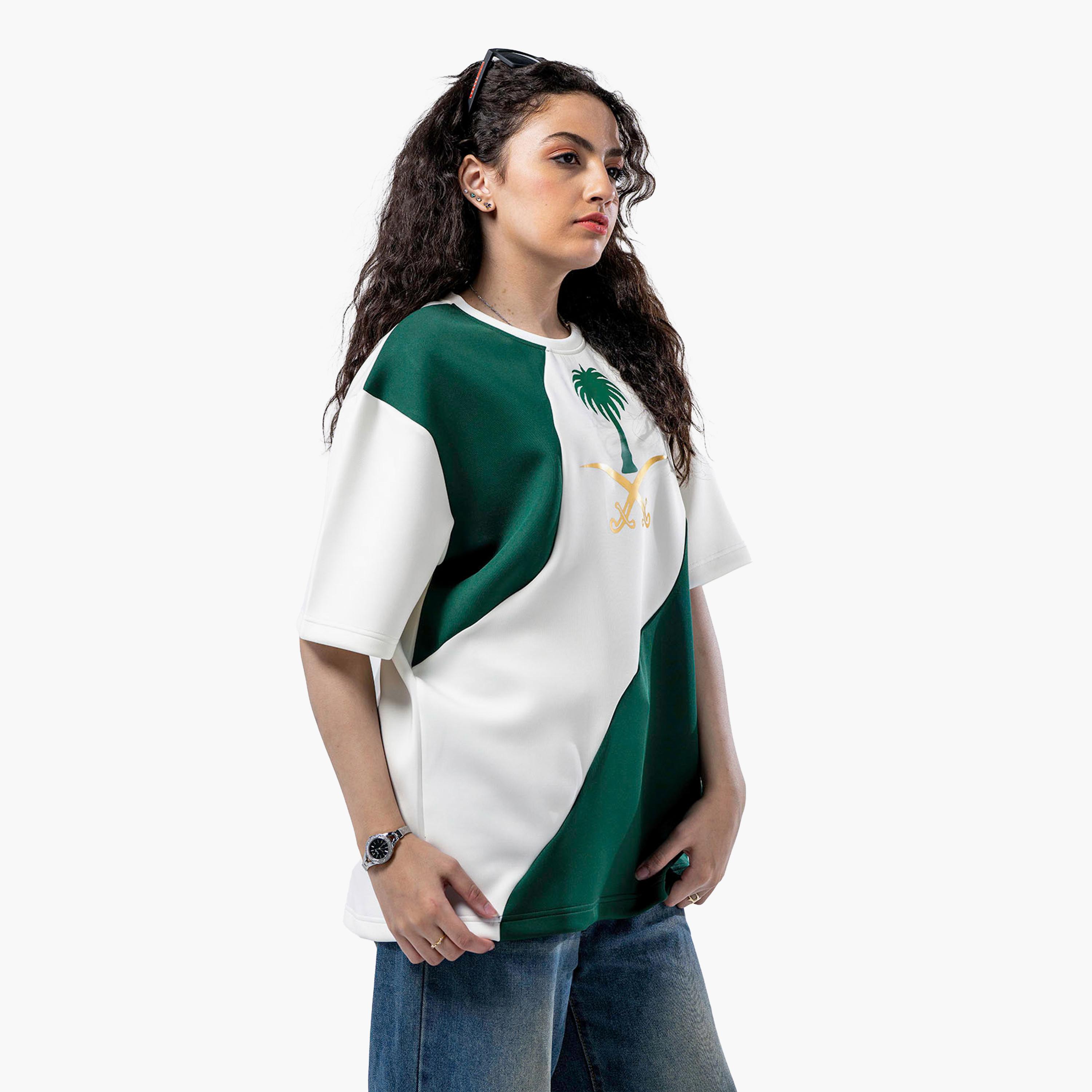 sanefn White and Green KSA National Day Color-Blocked Women's T-Shirt-women-clothing-tshirts-image-2