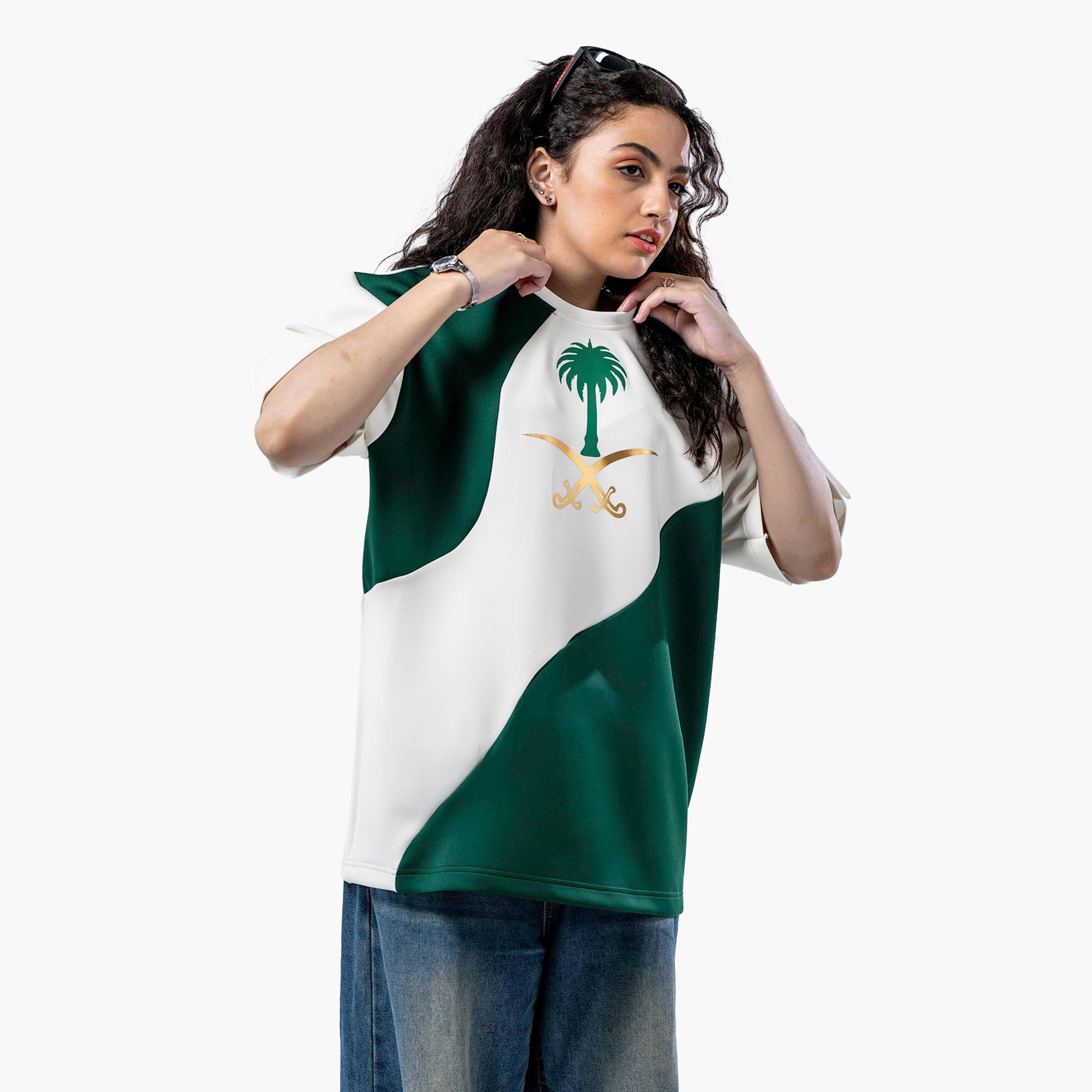 sanefn White and Green KSA National Day Color-Blocked Women's T-Shirt-women-clothing-tshirts-image-3
