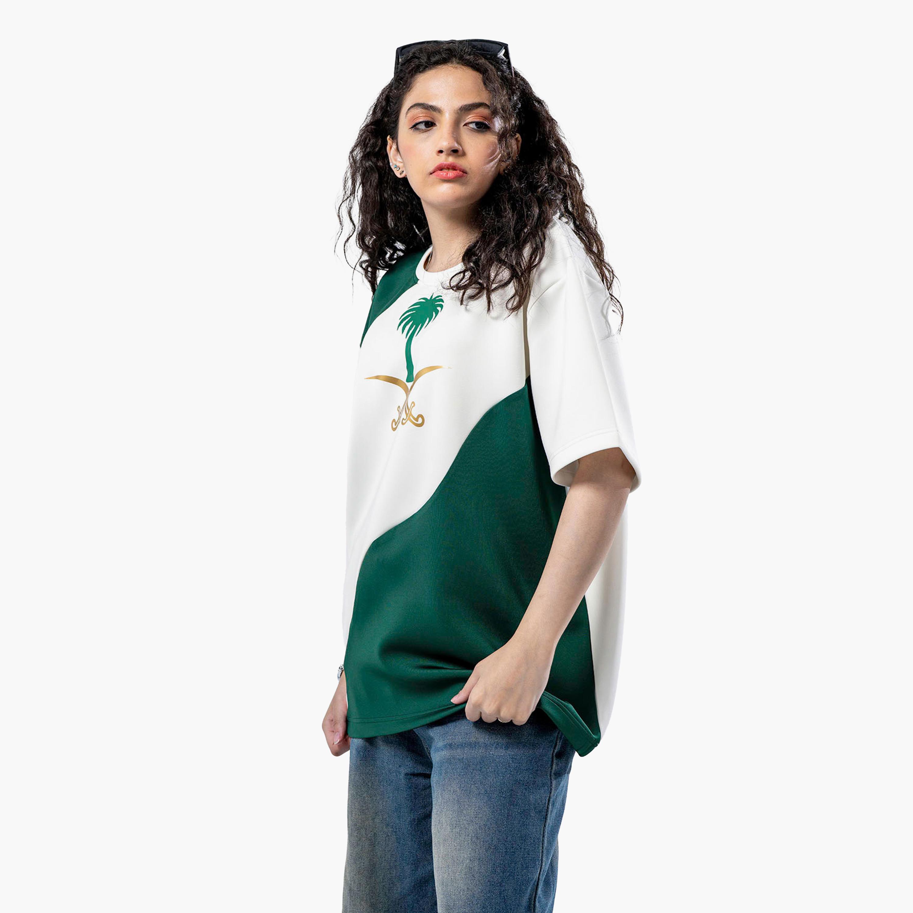 sanefn White and Green KSA National Day Color-Blocked Women's T-Shirt-women-clothing-tshirts-image-4