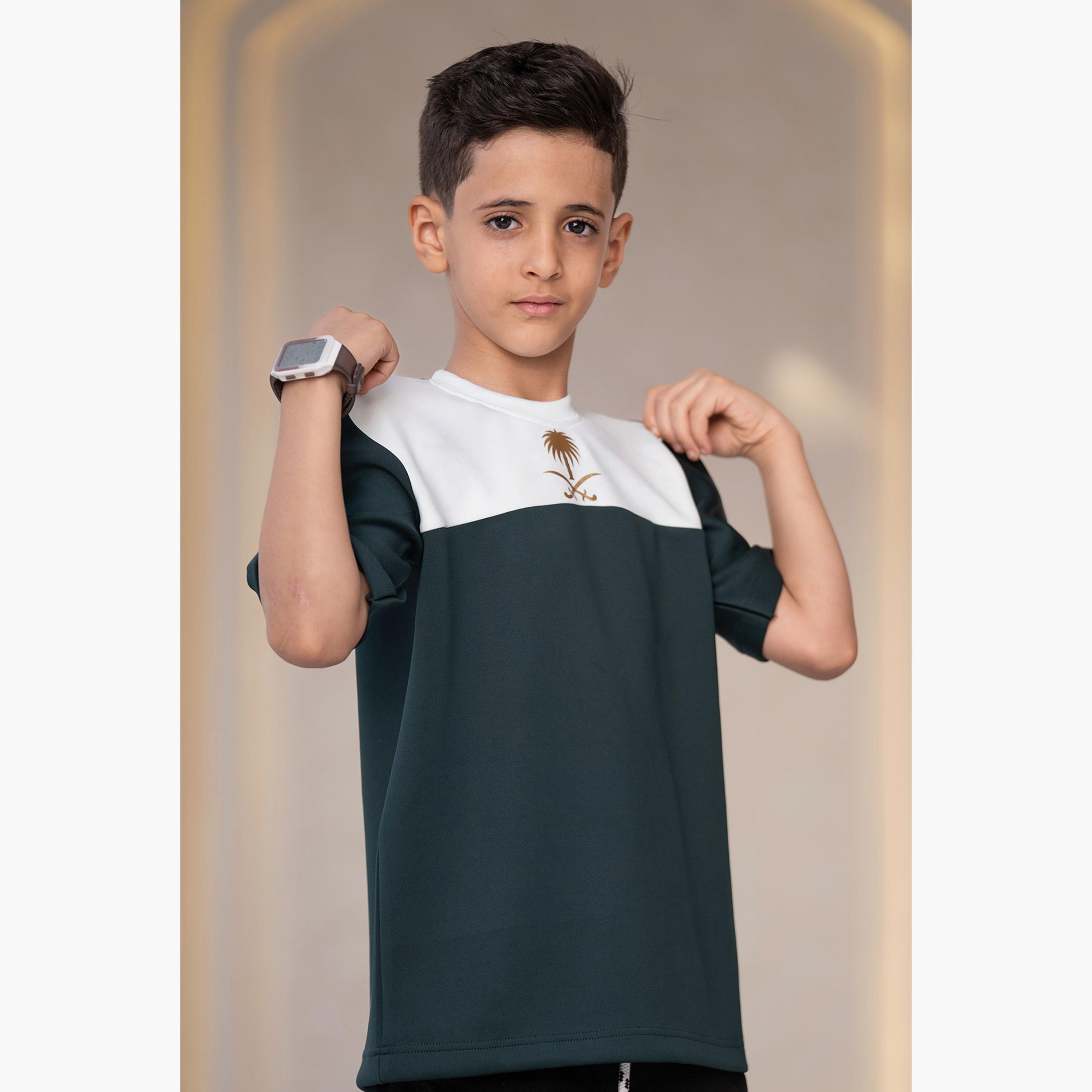 sanefn White and Green KSA National Day Color-Blocked Boys T-Shirt-boys-clothing-tshirtsandpolos-image-1