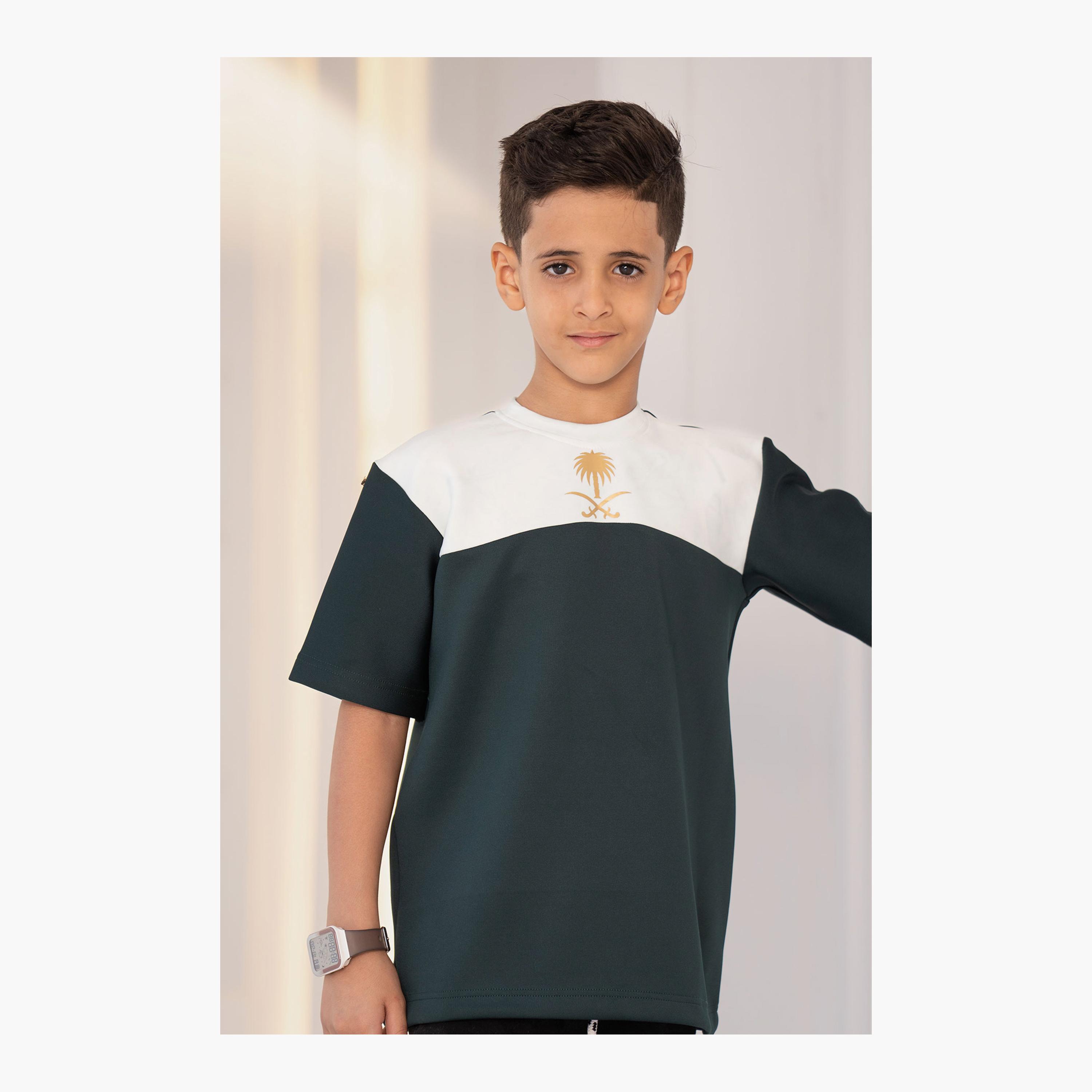 sanefn White and Green KSA National Day Color-Blocked Boys T-Shirt-boys-clothing-tshirtsandpolos-image-3