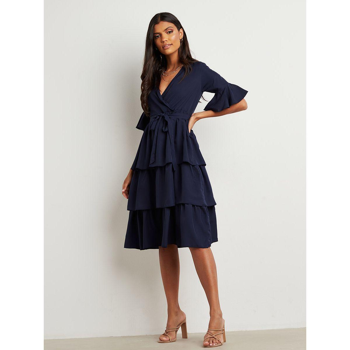 Styli V Neck Pleated Layered Midi Dress with Tie Waist-women-clothing-dresses-image-1