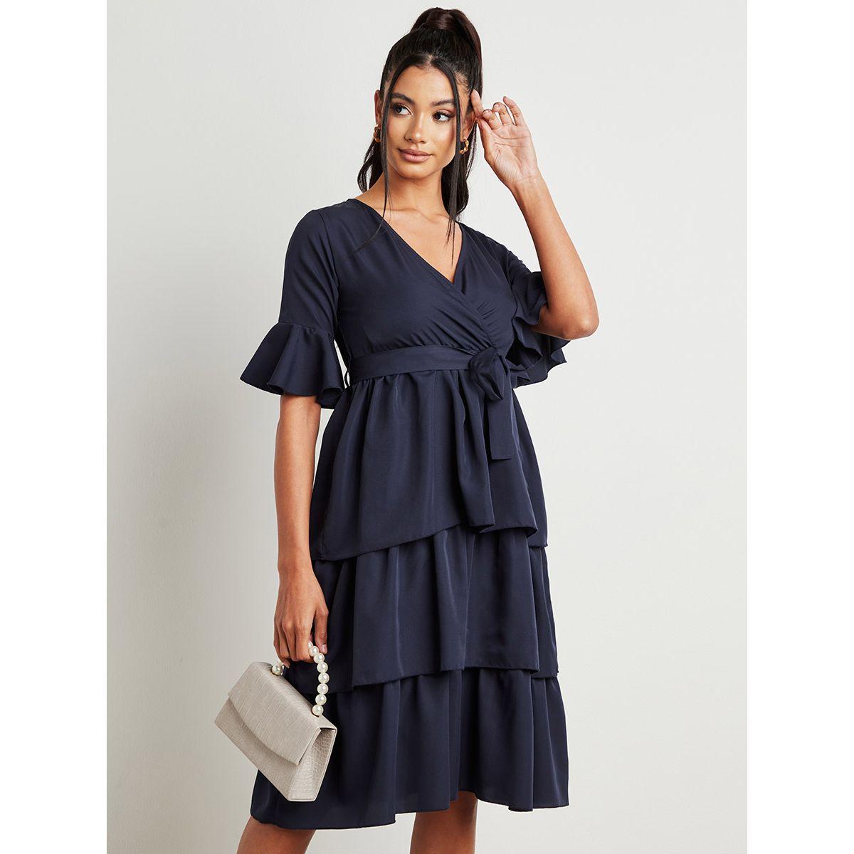 Styli V Neck Pleated Layered Midi Dress with Tie Waist-women-clothing-dresses-image-2