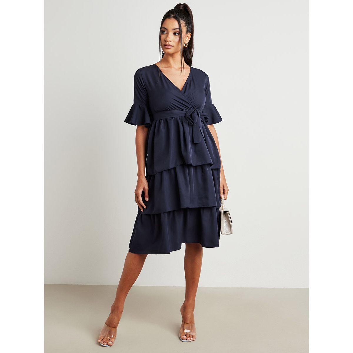 Styli V Neck Pleated Layered Midi Dress with Tie Waist-women-clothing-dresses-image-3