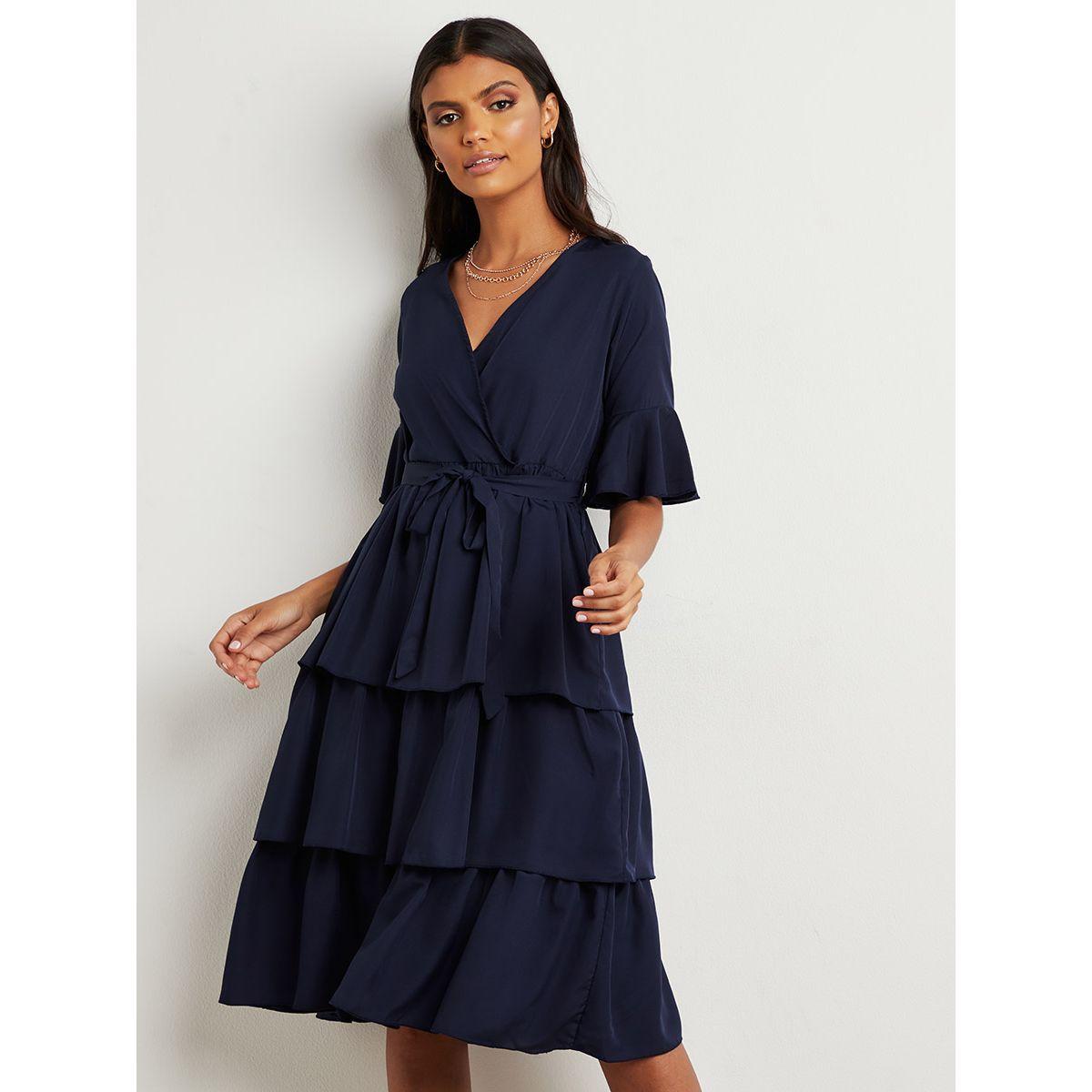 Styli V Neck Pleated Layered Midi Dress with Tie Waist-women-clothing-dresses-image-4