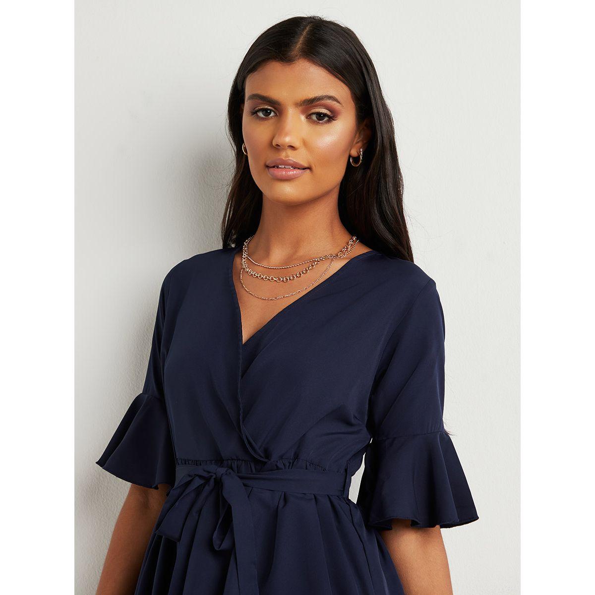 Styli V Neck Pleated Layered Midi Dress with Tie Waist-women-clothing-dresses-image-5