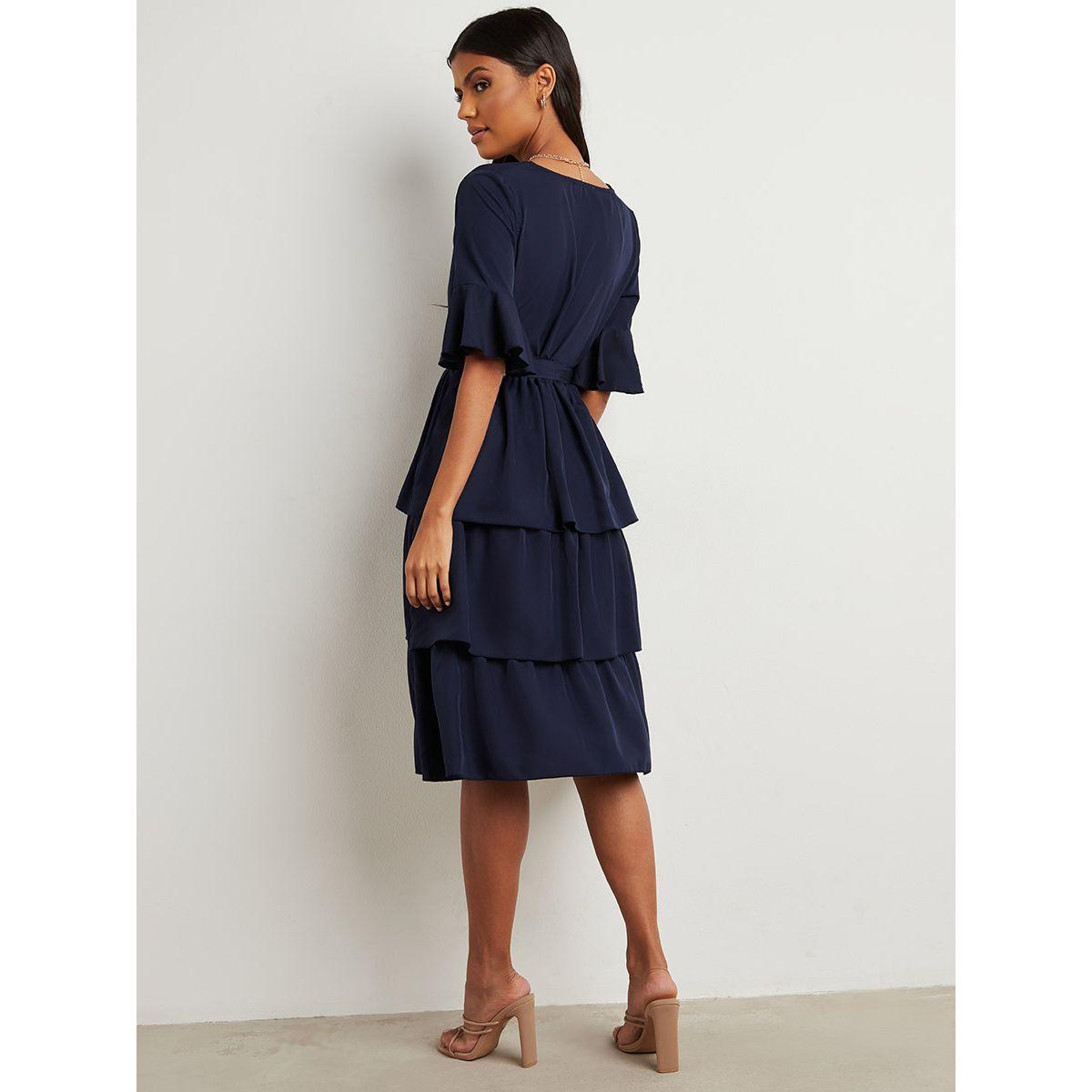 Styli V Neck Pleated Layered Midi Dress with Tie Waist-women-clothing-dresses-image-8