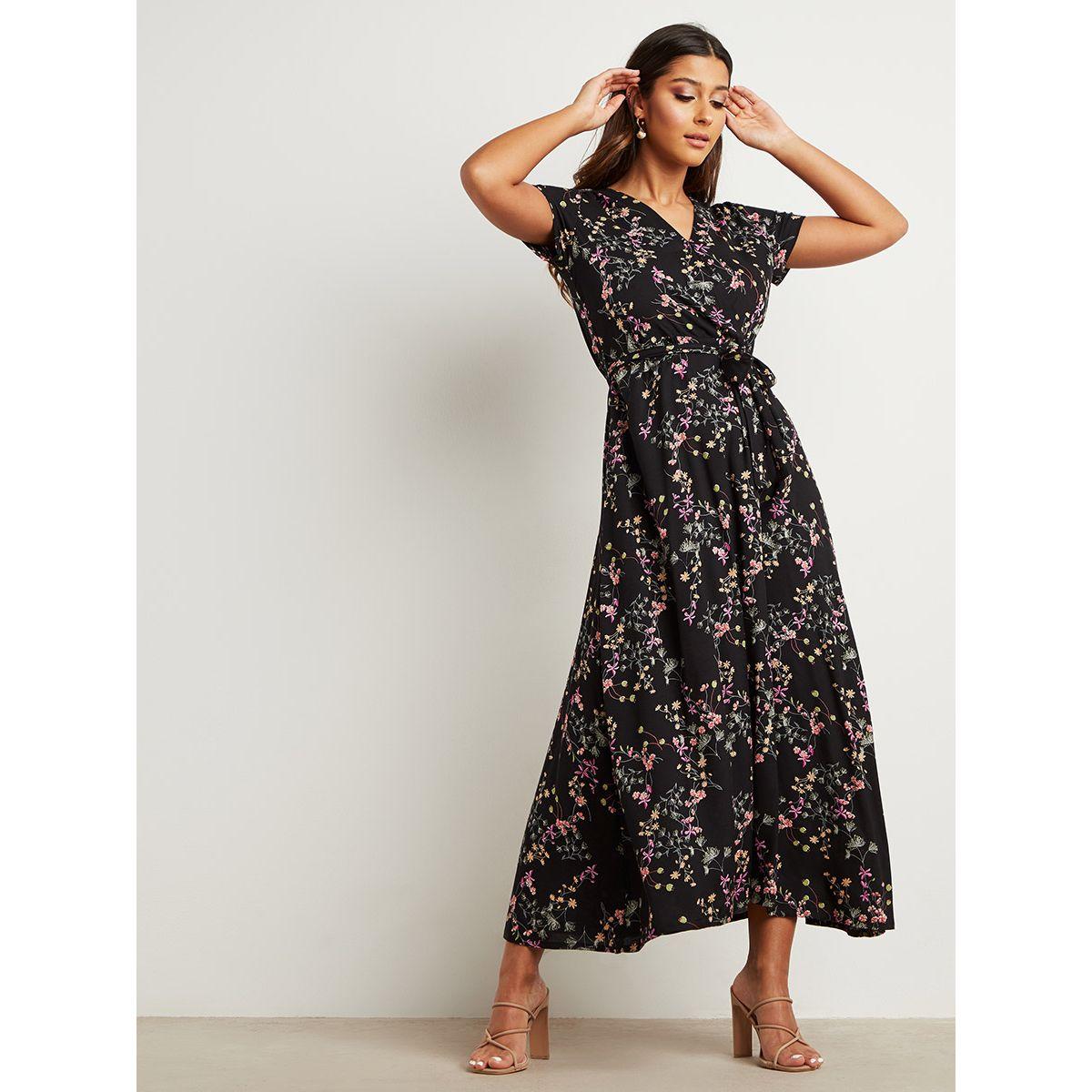 Styli Floral Print V Neck A-Line Maxi Dress with Tie Up-women-clothing-dresses-image-1