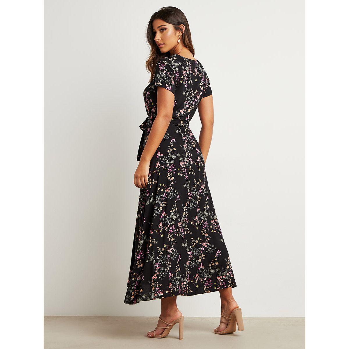 Styli Floral Print V Neck A-Line Maxi Dress with Tie Up-women-clothing-dresses-image-3