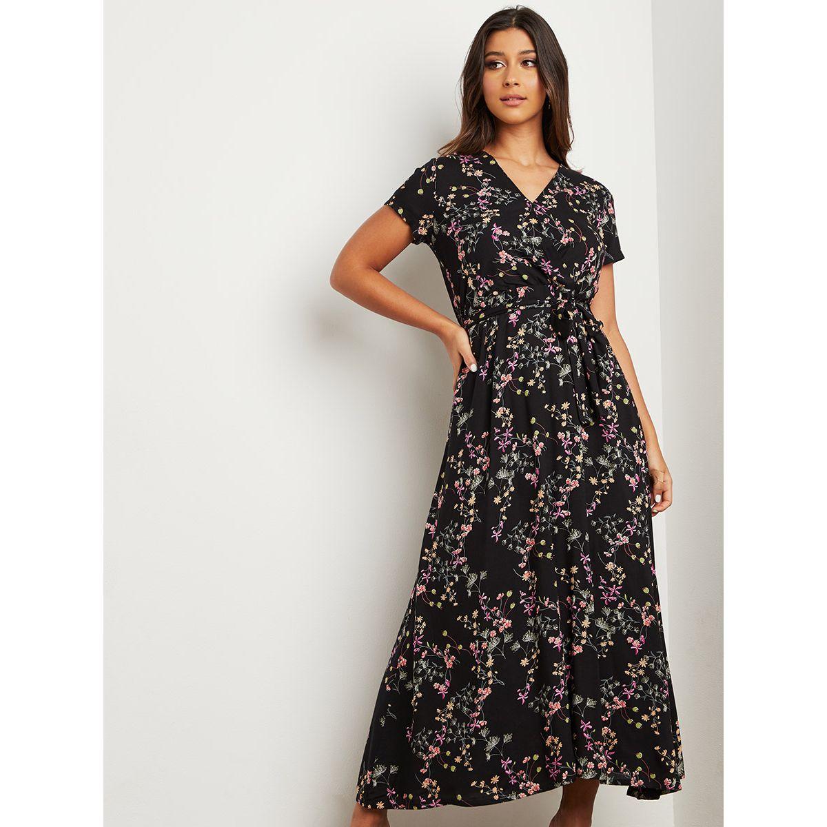 Styli Floral Print V Neck A-Line Maxi Dress with Tie Up-women-clothing-dresses-image-4