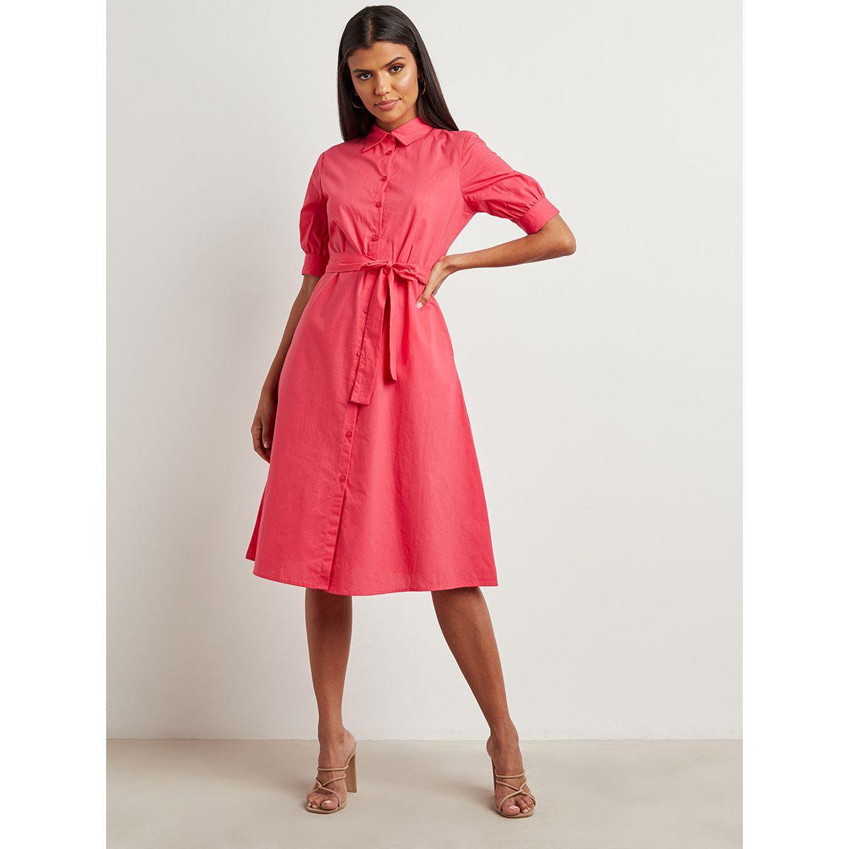 Styli Cotton Button Through Shirt Midi Dress with Tie Waist-women-clothing-dresses-image-1