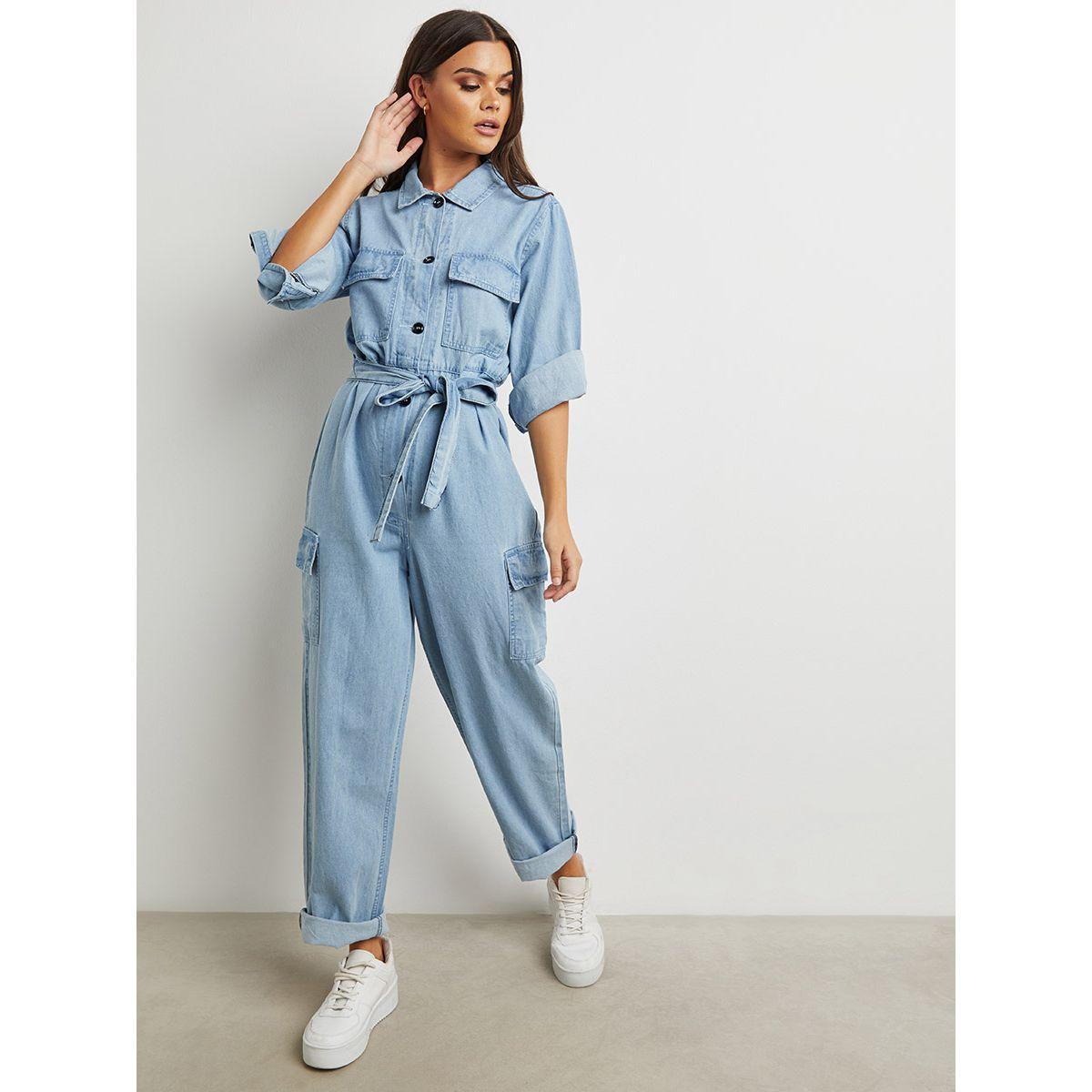 Styli Button Closure Straight Leg Denim Jumpsuit with Tie Belt-women-clothing-jumpsuits-image-1