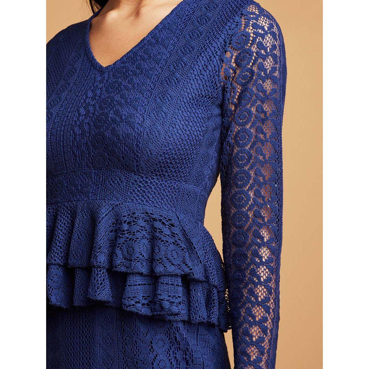 Styli Lace Insert Ruffle Detail V Neck Midi Dress-women-clothing-dresses-image-3