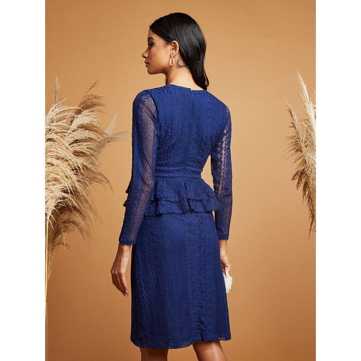 Styli Lace Insert Ruffle Detail V Neck Midi Dress-women-clothing-dresses-image-4