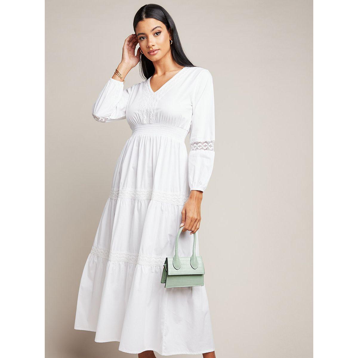Styli Lace Insert V Neck Maxi Dress with Long Sleeves-women-clothing-dresses-image-1