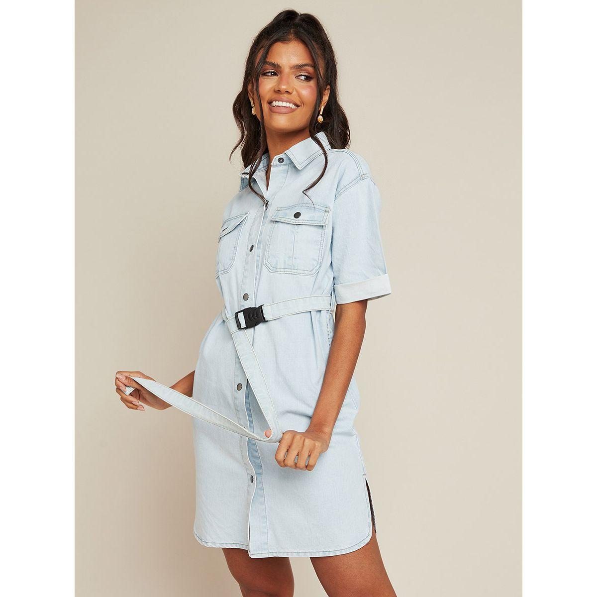 Styli Pocket Detail Collared Denim Mini Dress with Short Sleeves-women-clothing-dresses-image-1