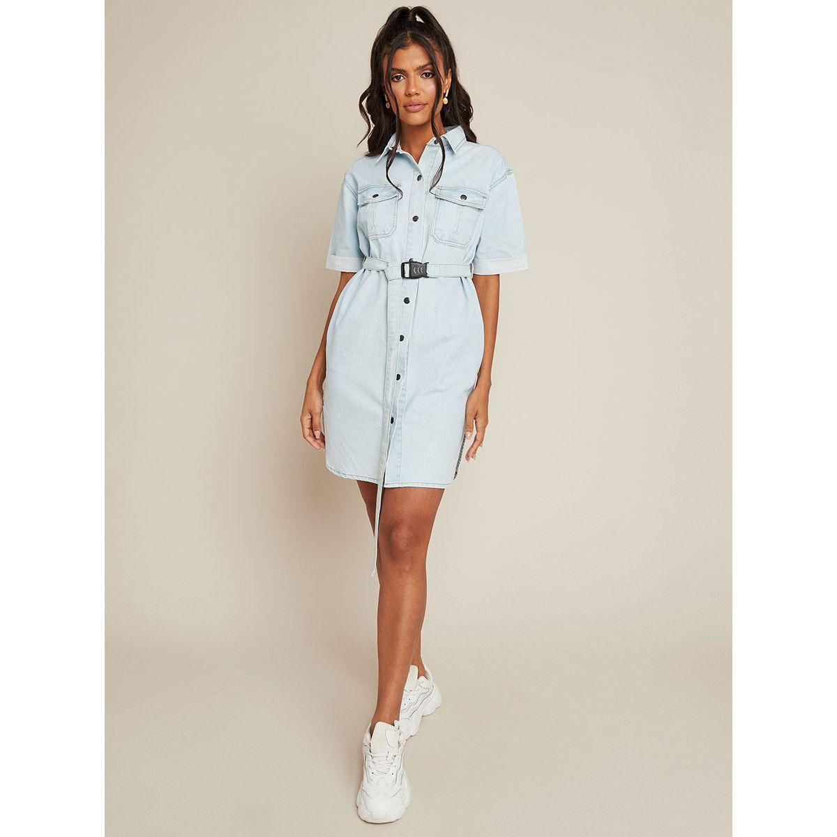 Styli Pocket Detail Collared Denim Mini Dress with Short Sleeves-women-clothing-dresses-image-2