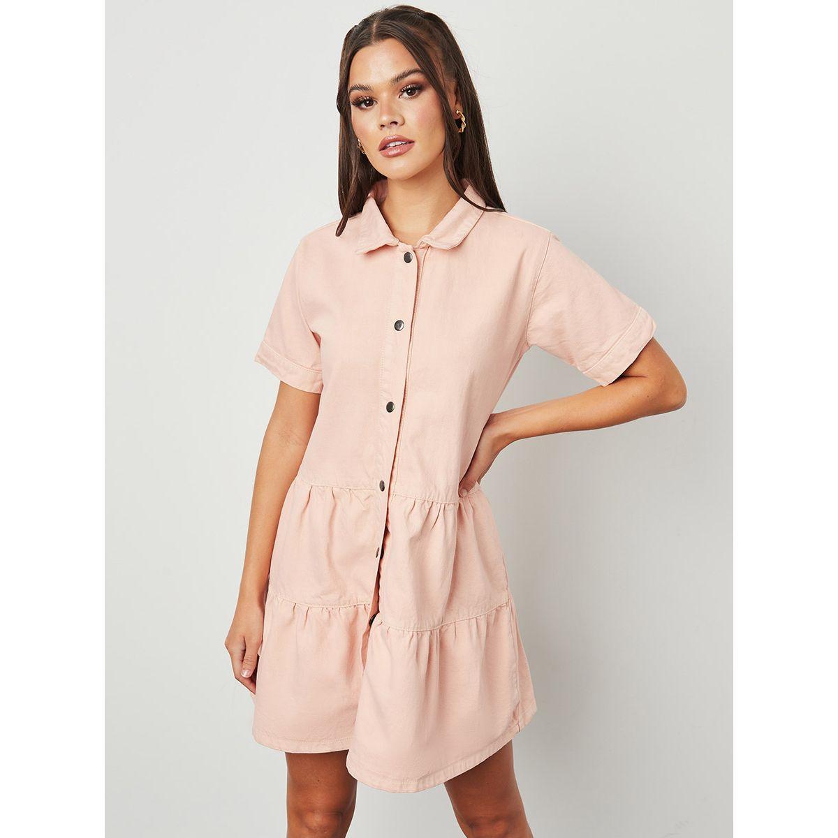 Styli Collared Short Sleeves Front Button Tiered Mini Dress-women-clothing-dresses-image-1