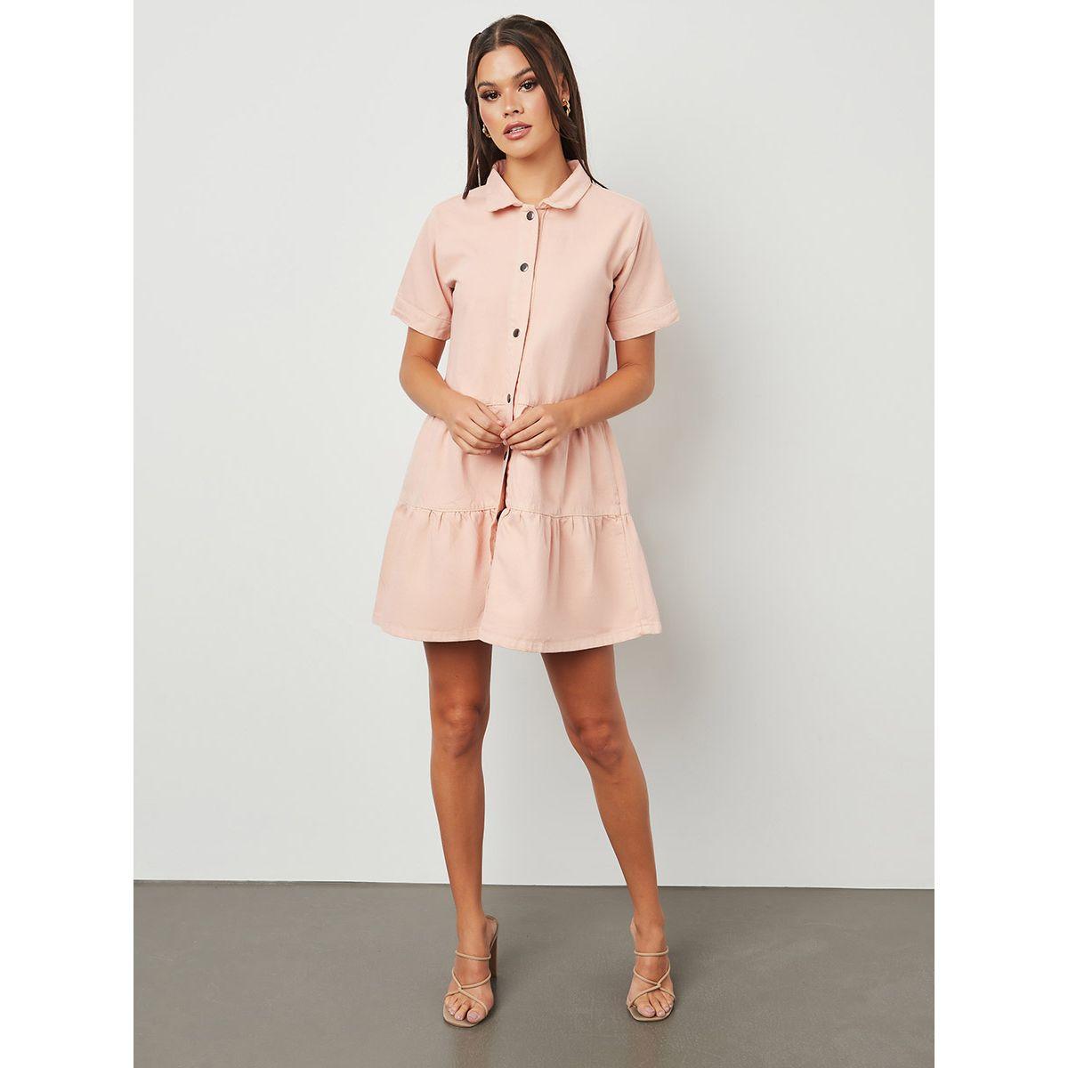 Styli Collared Short Sleeves Front Button Tiered Mini Dress-women-clothing-dresses-image-2