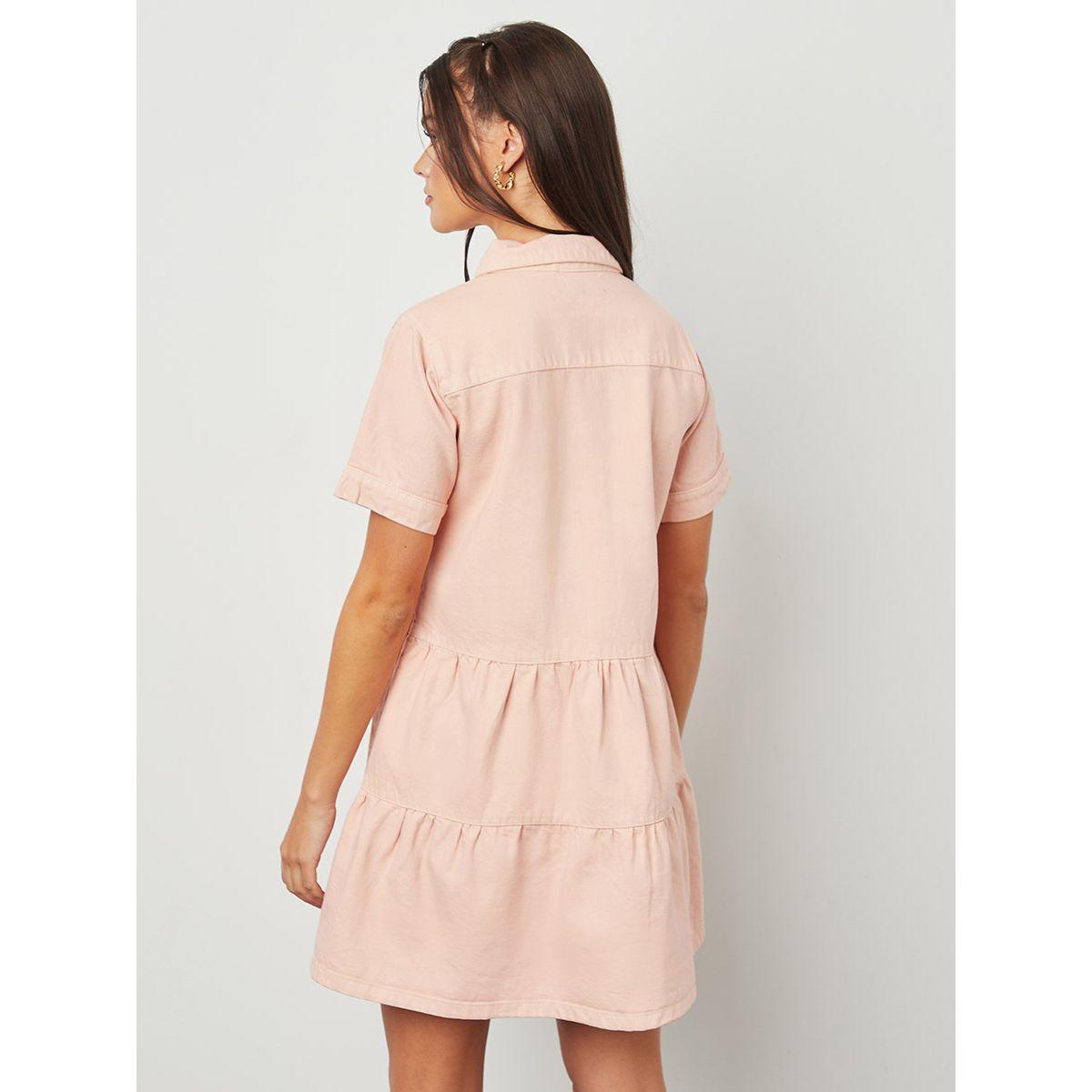 Styli Collared Short Sleeves Front Button Tiered Mini Dress-women-clothing-dresses-image-4