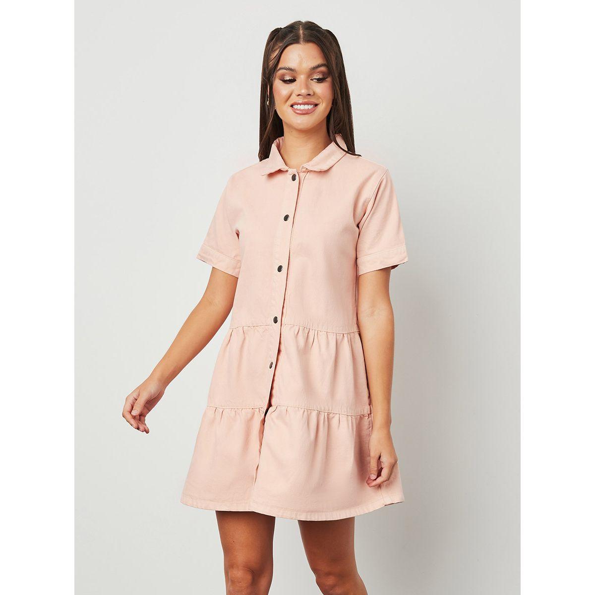 Styli Collared Short Sleeves Front Button Tiered Mini Dress-women-clothing-dresses-image-5