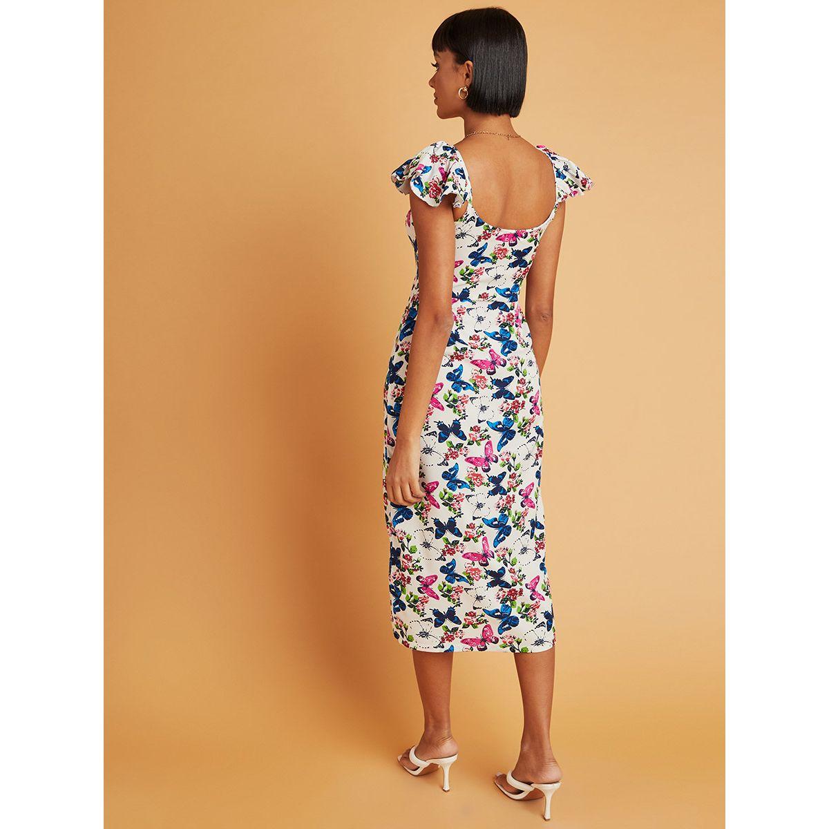 Styli Butterfly Print Frill Sleeves Bodycon Midi Dress-women-clothing-dresses-image-4