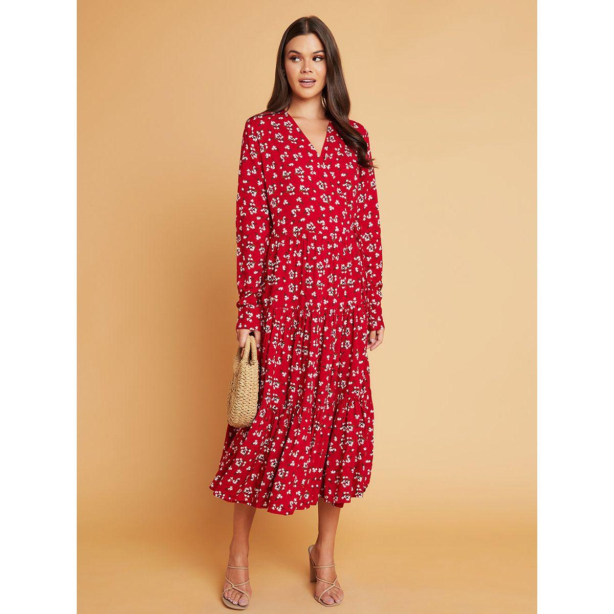 Styli Ditsy Print V Neck A-Line Midi Dress with Long Sleeves-women-clothing-dresses-image-1