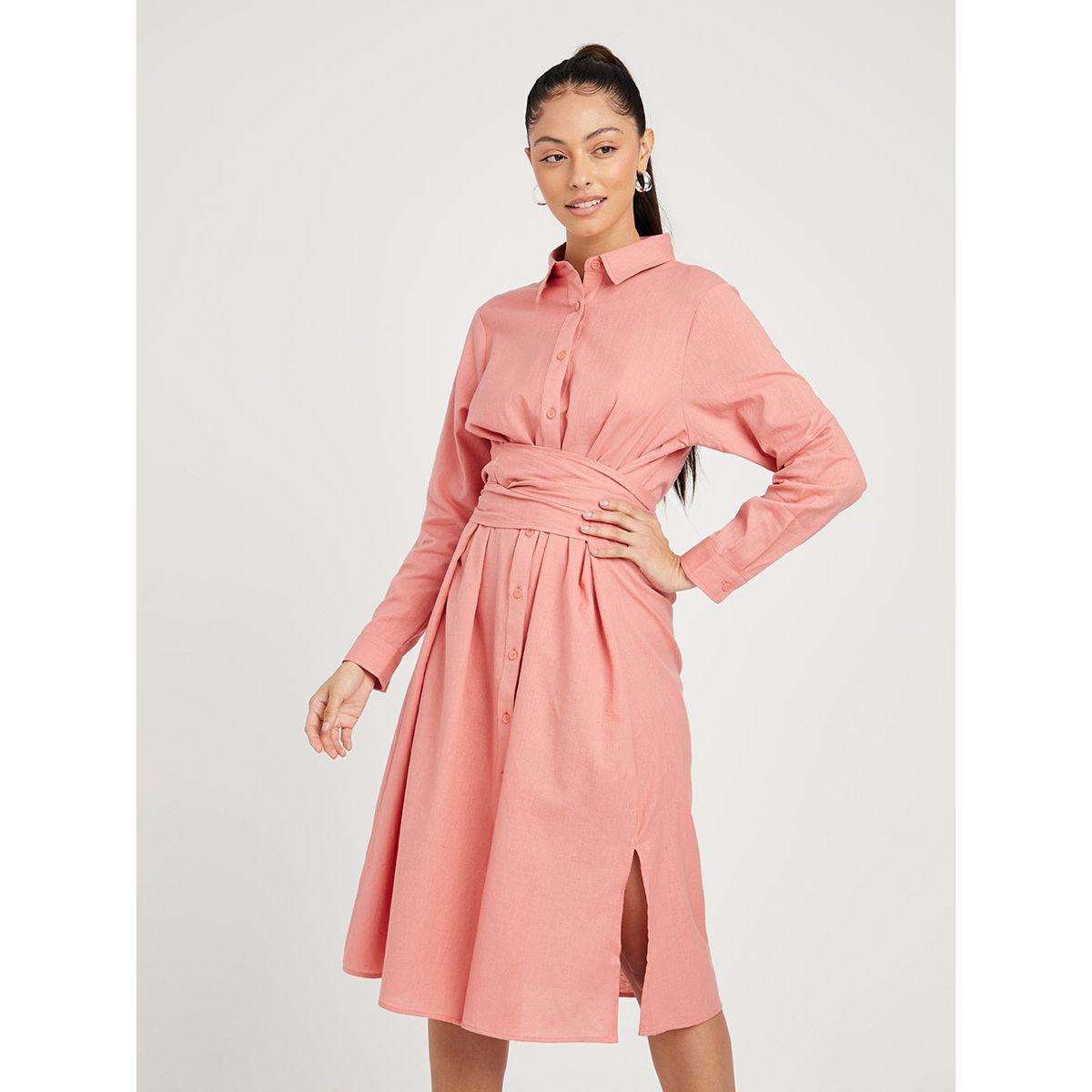 Styli Long Sleeves Collared A-Line Midi Dress with Waist Tie Up-women-clothing-dresses-image-1