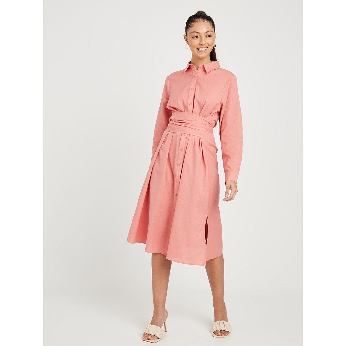 Styli Long Sleeves Collared A-Line Midi Dress with Waist Tie Up-women-clothing-dresses-image-2