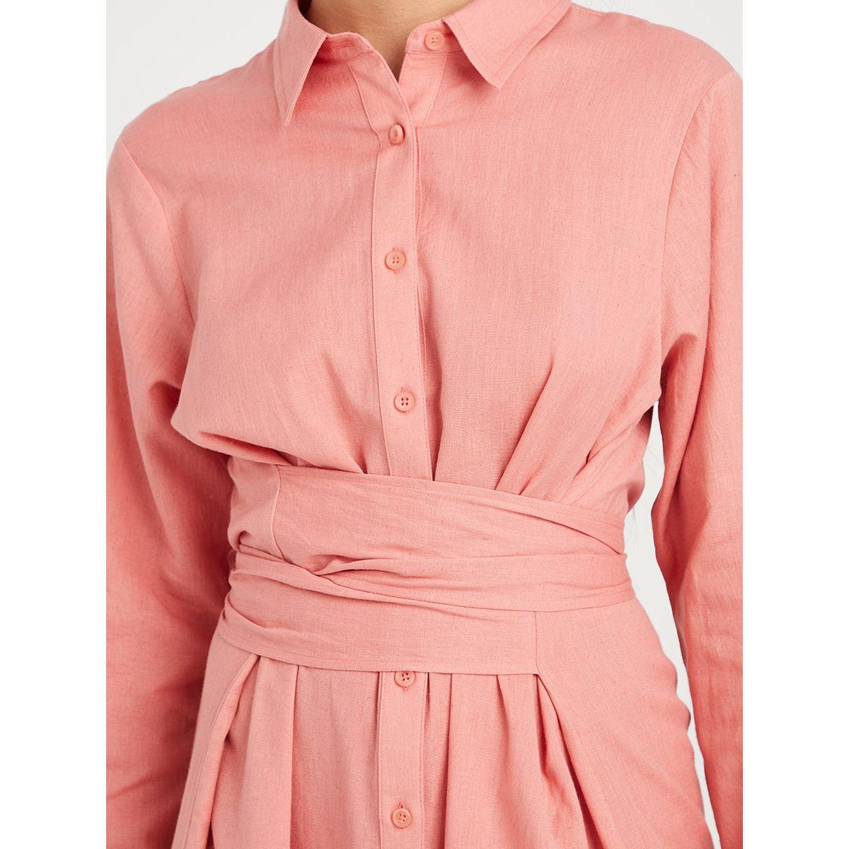Styli Long Sleeves Collared A-Line Midi Dress with Waist Tie Up-women-clothing-dresses-image-3