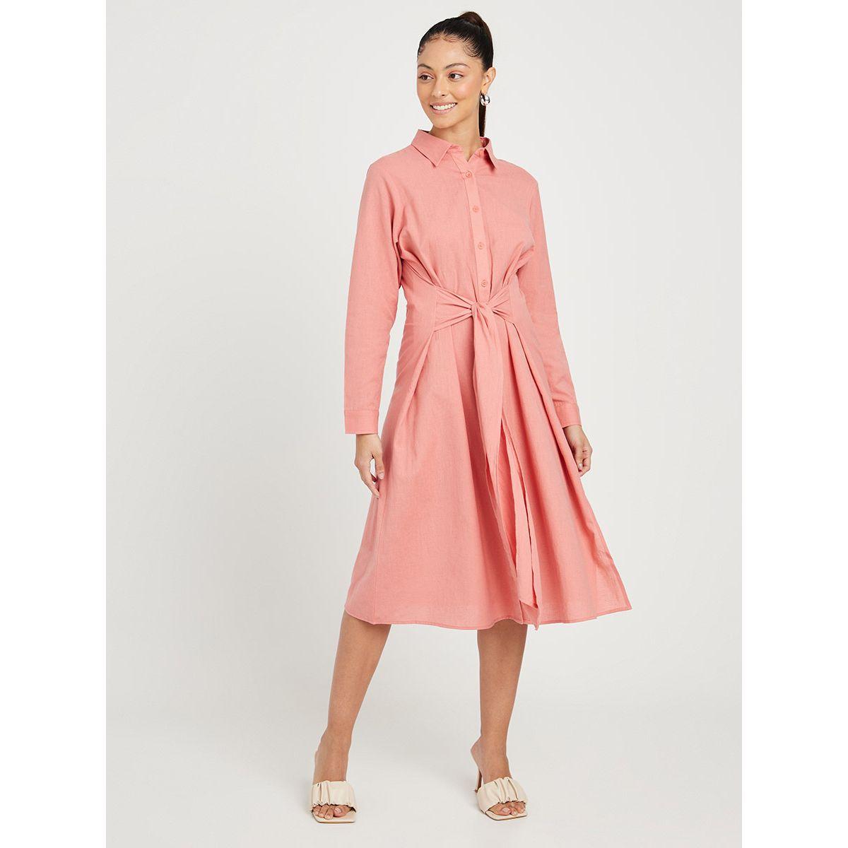 Styli Long Sleeves Collared A-Line Midi Dress with Waist Tie Up-women-clothing-dresses-image-6