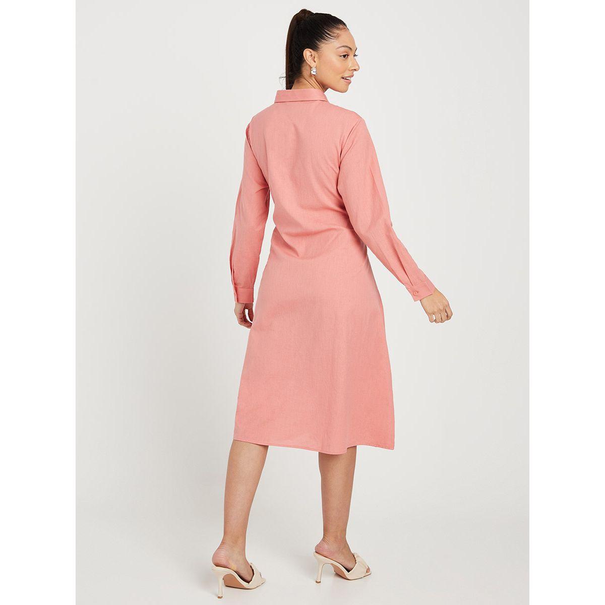 Styli Long Sleeves Collared A-Line Midi Dress with Waist Tie Up-women-clothing-dresses-image-8