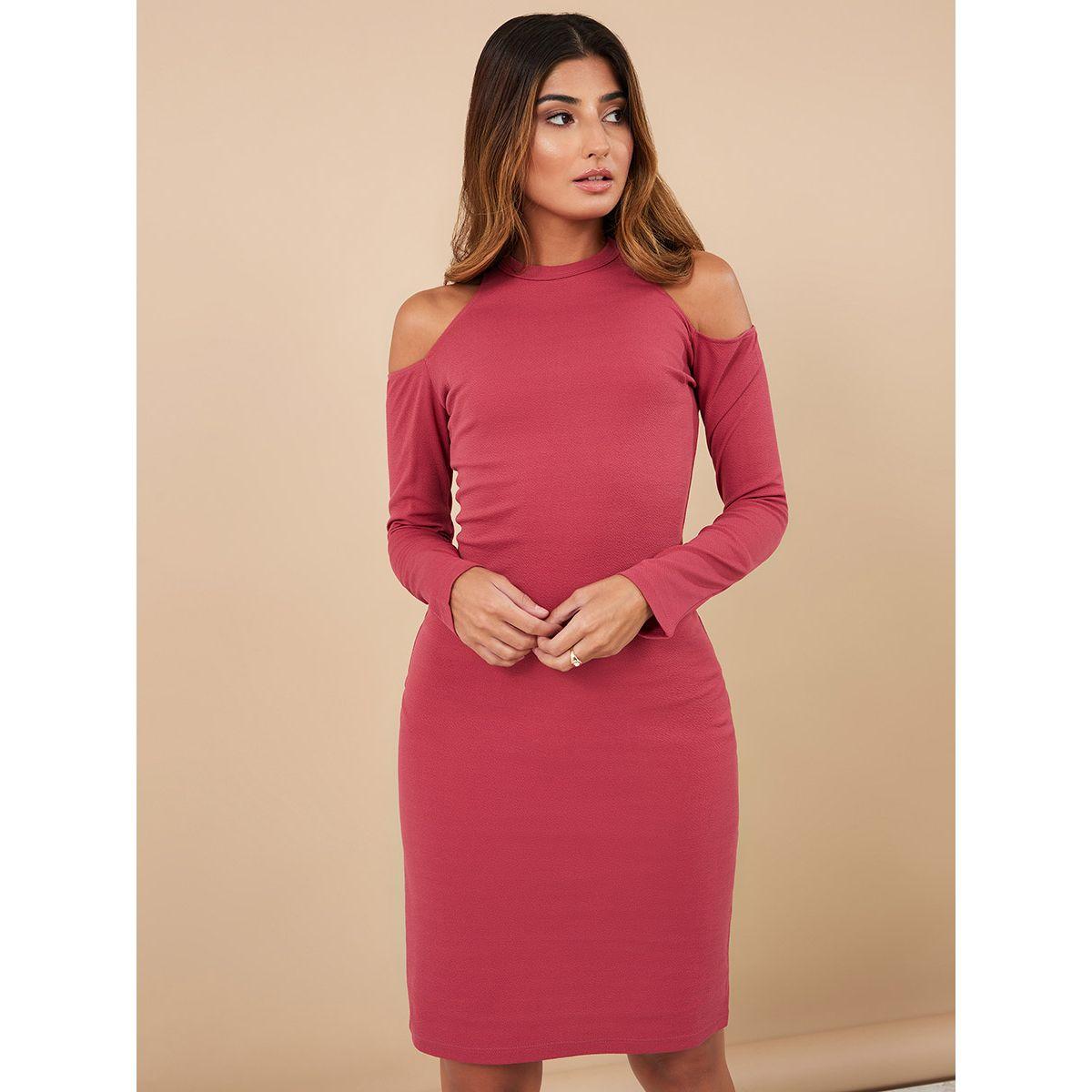 Styli Cold Shoulder Sleeves Knitted Bodycon Knee Length Dress-women-clothing-dresses-image-2