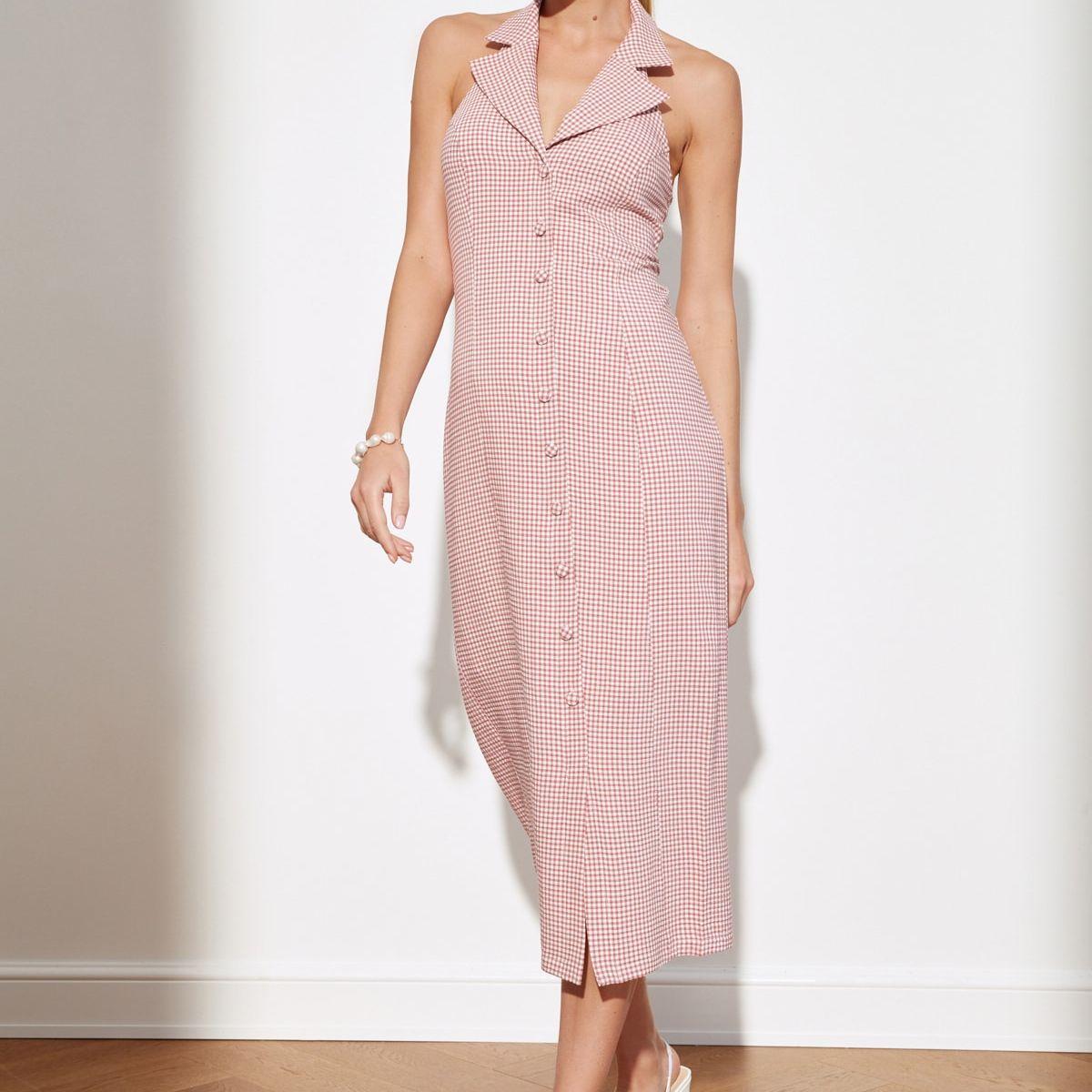 Trendyol Sleeveless Collared Checked Woven Midi Dress-women-clothing-dresses-image-3