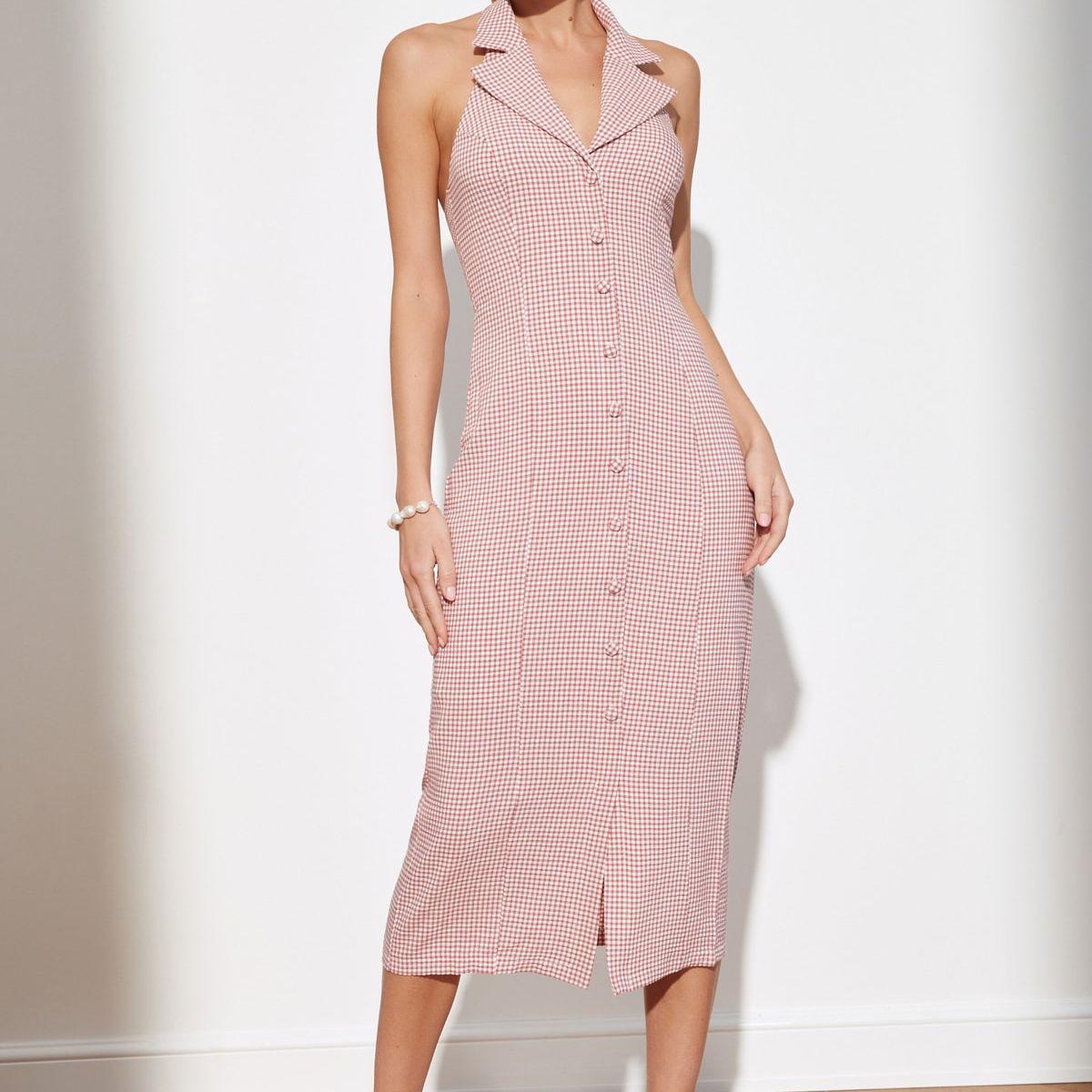 Trendyol Sleeveless Collared Checked Woven Midi Dress-women-clothing-dresses-image-4