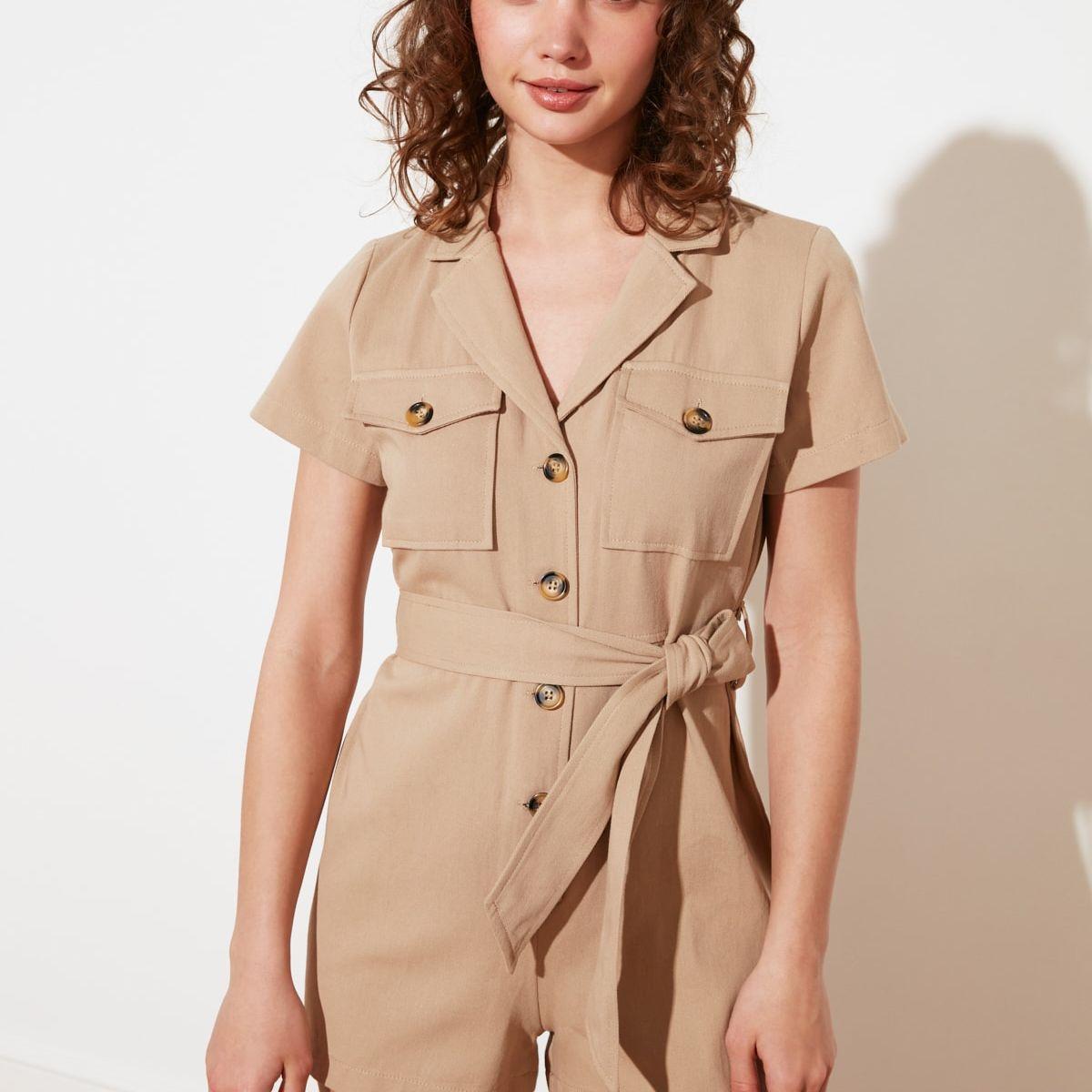 Trendyol Short Sleeves Woven Romper with Camel Button and Tie Belt-women-clothing-jumpsuits-image-1