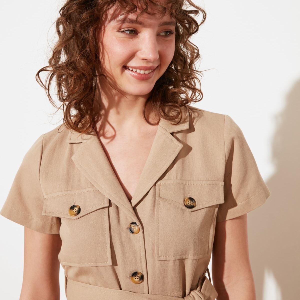 Trendyol Short Sleeves Woven Romper with Camel Button and Tie Belt-women-clothing-jumpsuits-image-2