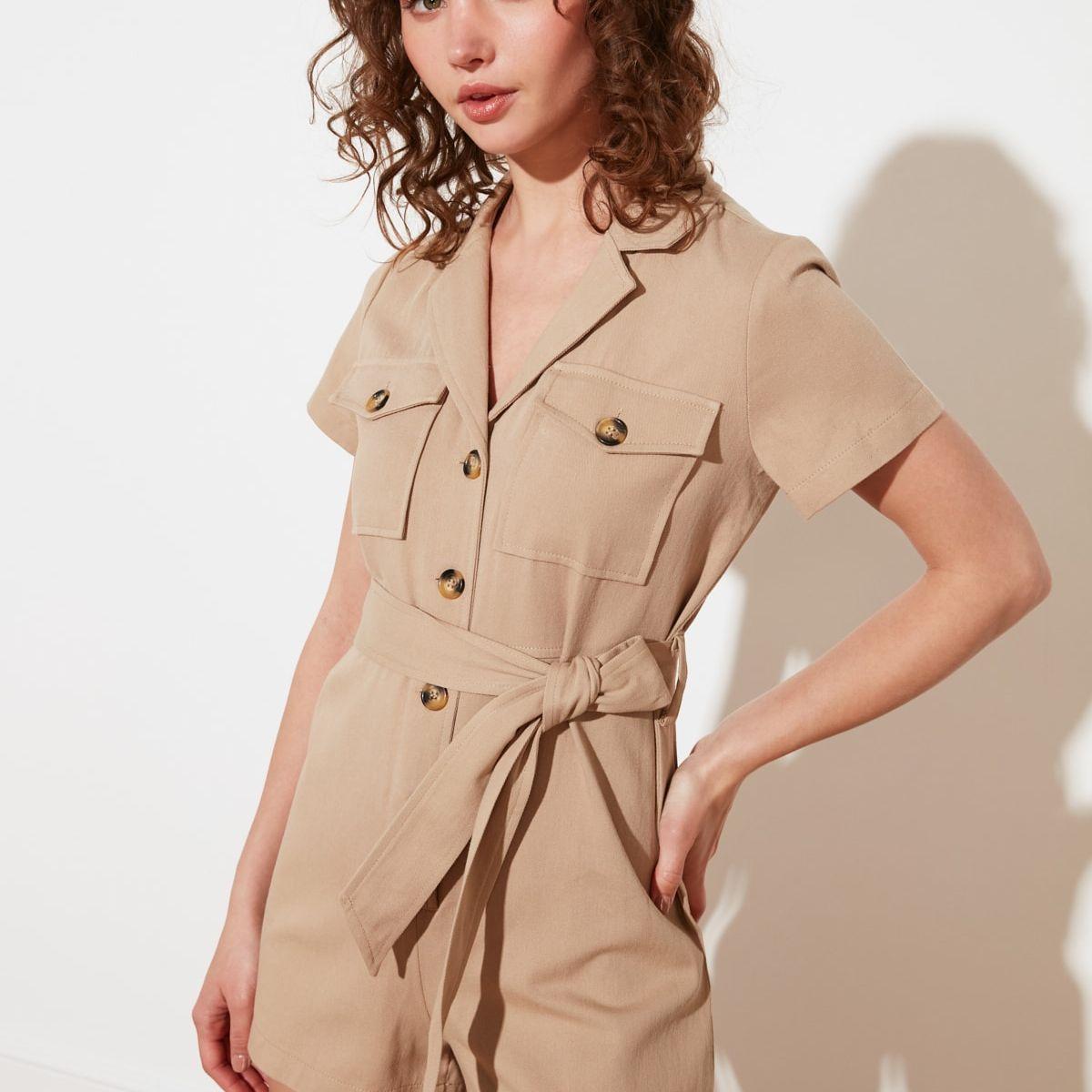 Trendyol Short Sleeves Woven Romper with Camel Button and Tie Belt-women-clothing-jumpsuits-image-3