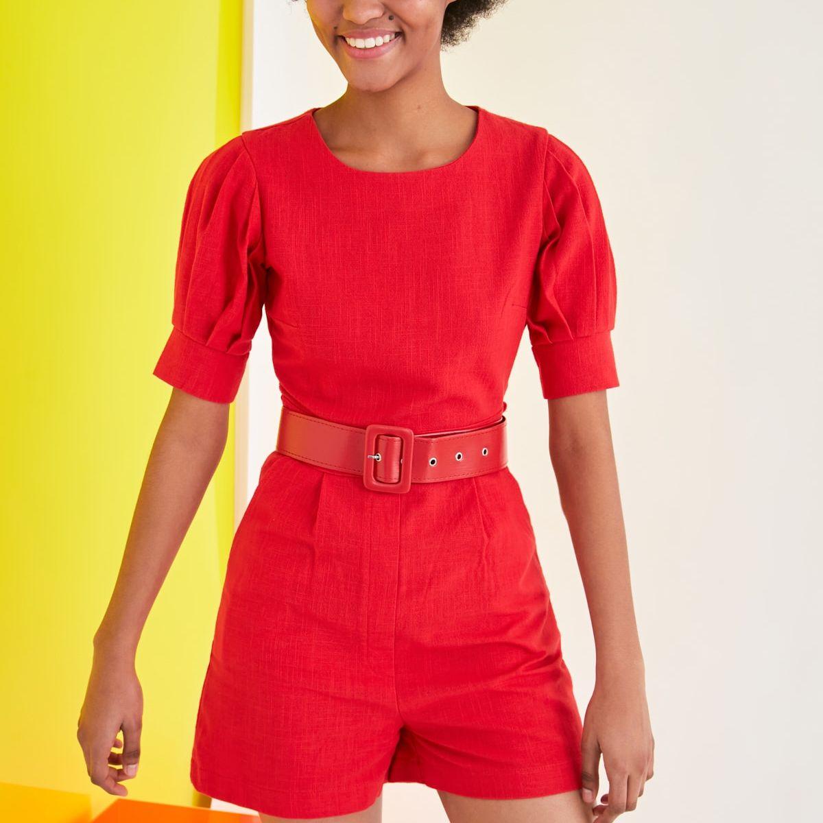 Trendyol Puff Sleeves Round Neck Woven Romper with Belt-women-clothing-jumpsuits-image-2