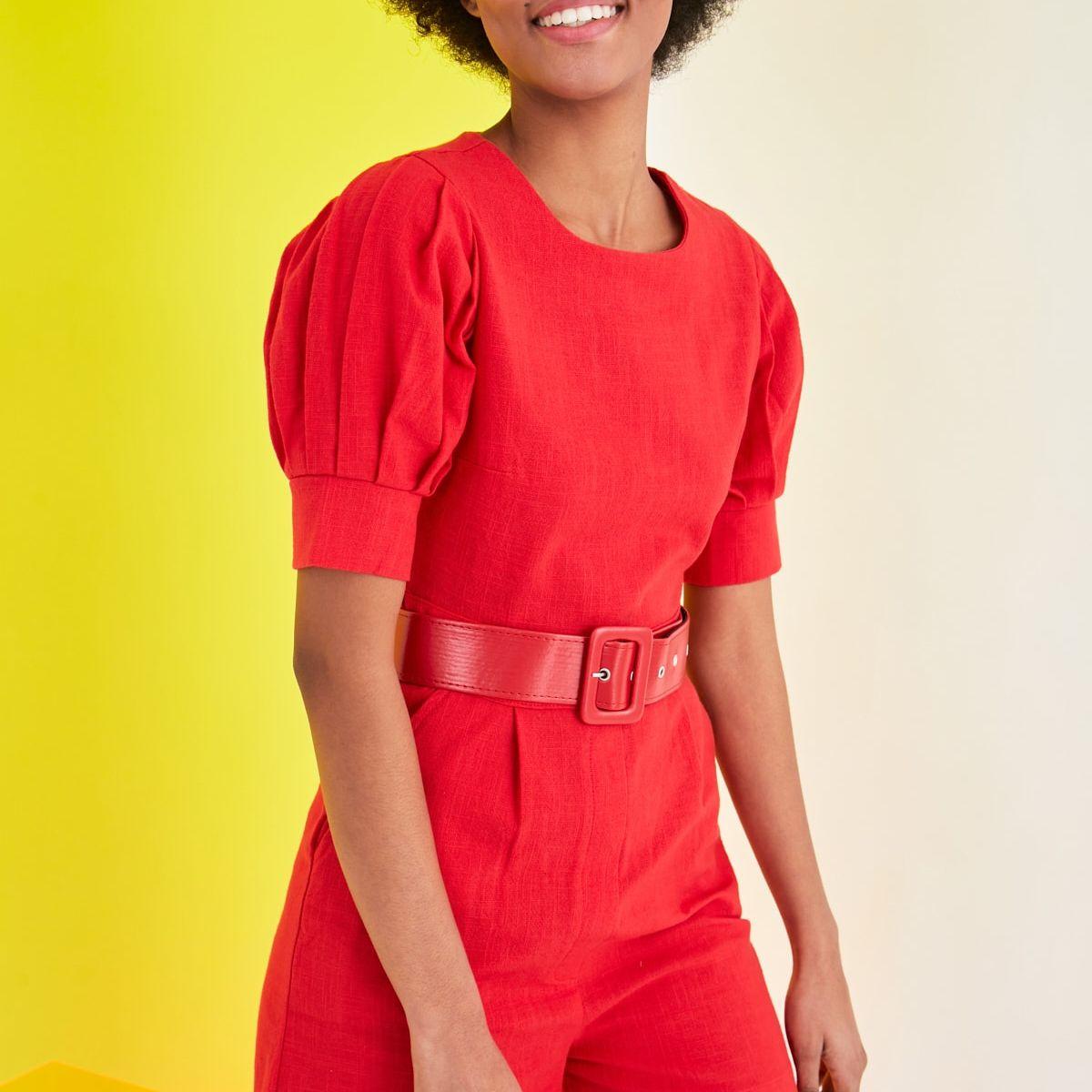 Trendyol Puff Sleeves Round Neck Woven Romper with Belt-women-clothing-jumpsuits-image-3