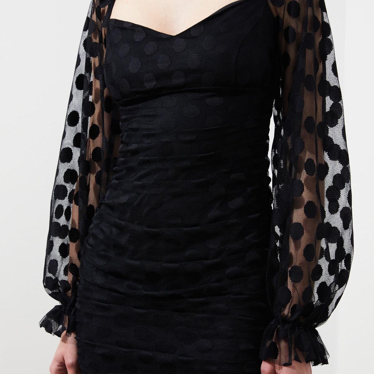 Trendyol Long Sleeves Flocked Polka Dot Mini Dress with Tie Back-women-clothing-dresses-image-3